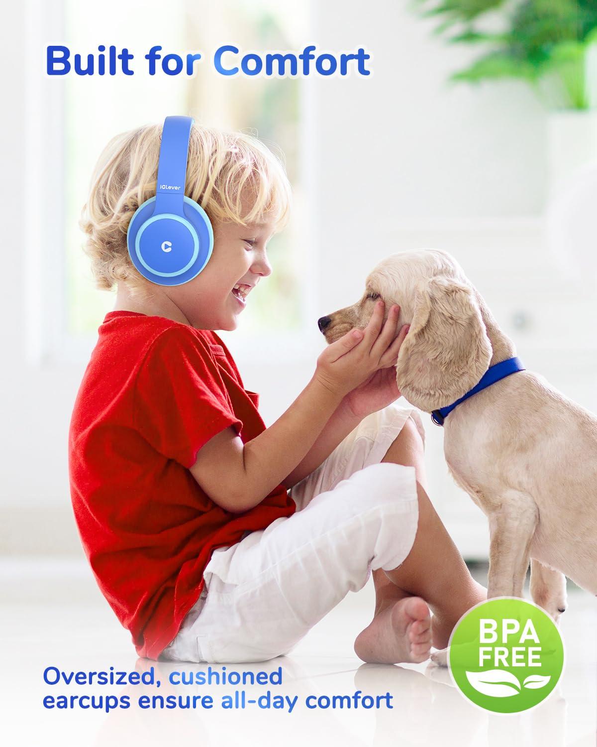 iClever iClever BTH26 Active Noise Cancelling Headphones for Kids, 60H Play Time, Safe Volume 80dBA, Type C Fast Charging, Bluetooth5.4, Kids Bluetooth Headphones with Mic AUX Cord for iPad Airplane, Blue