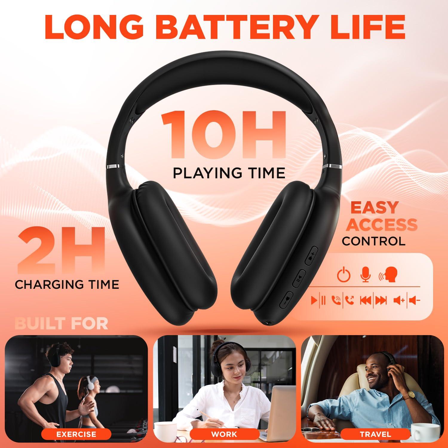 HyperGear HyperGear Vibe Bluetooth Wireless Headphones - Over-Ear Headphones Wireless for Music, Built-in Mic & Controls, Memory Foam Ear Cups for Travel, Home Office, Gym & More - Black