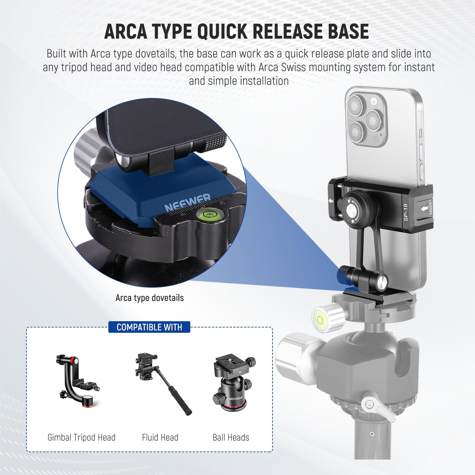 Neewer Neewer Phone Tripod Mount Adapter with Arca Type QR Base, Cold Shoe, 1/4" 3/8" Holes, 360 Swivel 180 Tilt, Phone Holder Compatible with iPhone Samsung Arca Swiss DJI RS 4 Pro 3 2 Stabilizer, SP-18