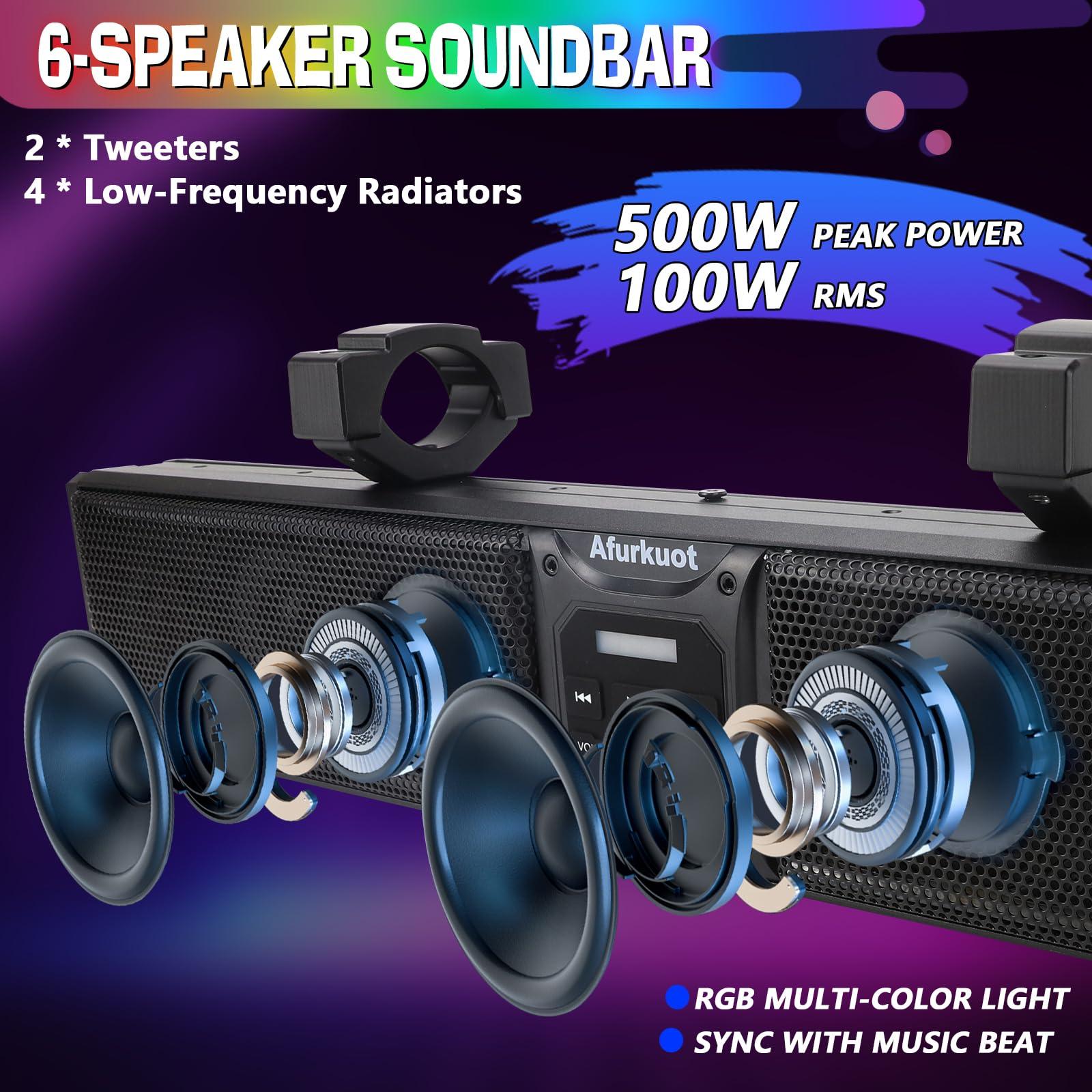 Afurkuot Afurkuot UTV Sound Bar Waterproof Bluetooth Music Sync Multicolor, 26-Inch 6-Speaker Golf Car ATV Sound Bar with Back Light Strip, Power Soundbar for UTV ATV Golf Cart w/1.75-2.25 Roll Bar
