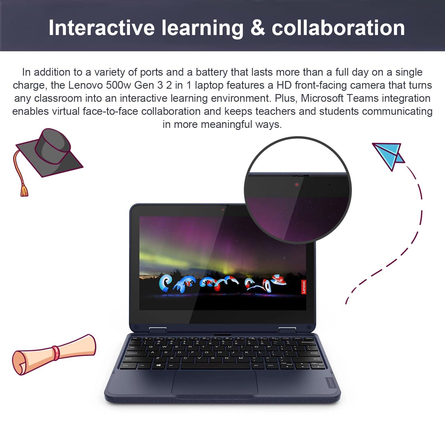 Lenovo Lenovo 500w Gen 3 Student 2-in-1 Laptop, 11.6" HD Touchscreen, Intel Pentium Silver N6000, 8GB RAM, 128GB SSD, HDMI, Webcam, MicroSD Card Reader, Touchpad, Wi-Fi 6, Windows 11 Home, Black