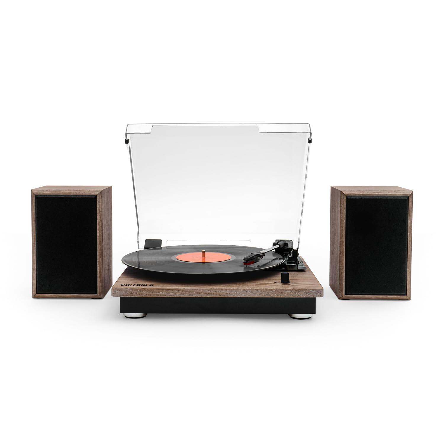 Victrola Victrola Montauk Vinyl Record Player, Farmhouse Walnut Finish, 3-Speed Belt Driven Turntable with Stereo Bluetooth Speaker Pair, RCA Output and 3.5mm Headphone Jack, Removable Dust Cover
