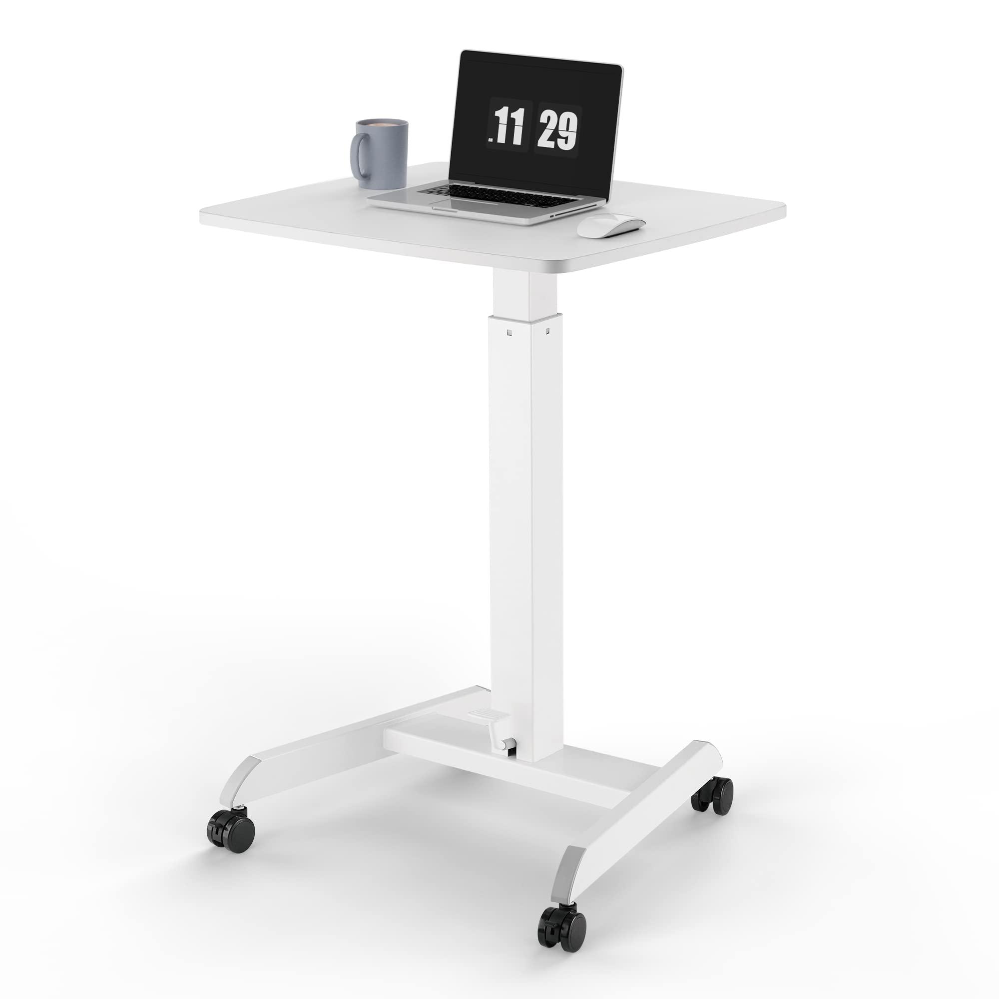 Kantek Kantek Mobile Sit Stand Laptop Computer Desk, Adjustable Height (29.6\" to 44.2\"), Compact 23.6\" W X 20.5\" D Platform, Foot Pedal Control, Steel Frame, White