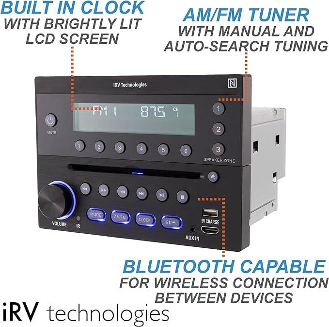 iRV Technologies iRV Technology iRV32V2 AM/FM/CD/DVD/MP3/MP4/HDMI in&out w/ ARC/Digital 2.1/Surround Sound/Bluetooth/CEC/NFC,3 Zones Wall Mount RV Radio Stereo w/ APP Control, USB using 5V charging both Android&Apple