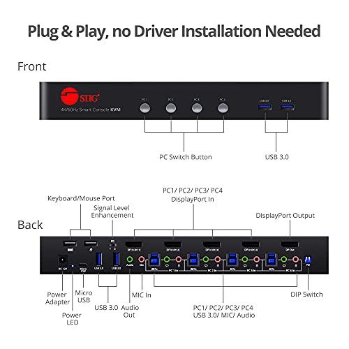 SIIG SIIG 4K DisplayPort 4-Port KVM Switch with Audio and Microphone, DP 1.2 4K60, USB 3.0 x4, USB 2.0 x2, Cables Included, Hotkey Control, TAA Compliant, ESD Protection, Metal housing (CE-DP0G11-S1)