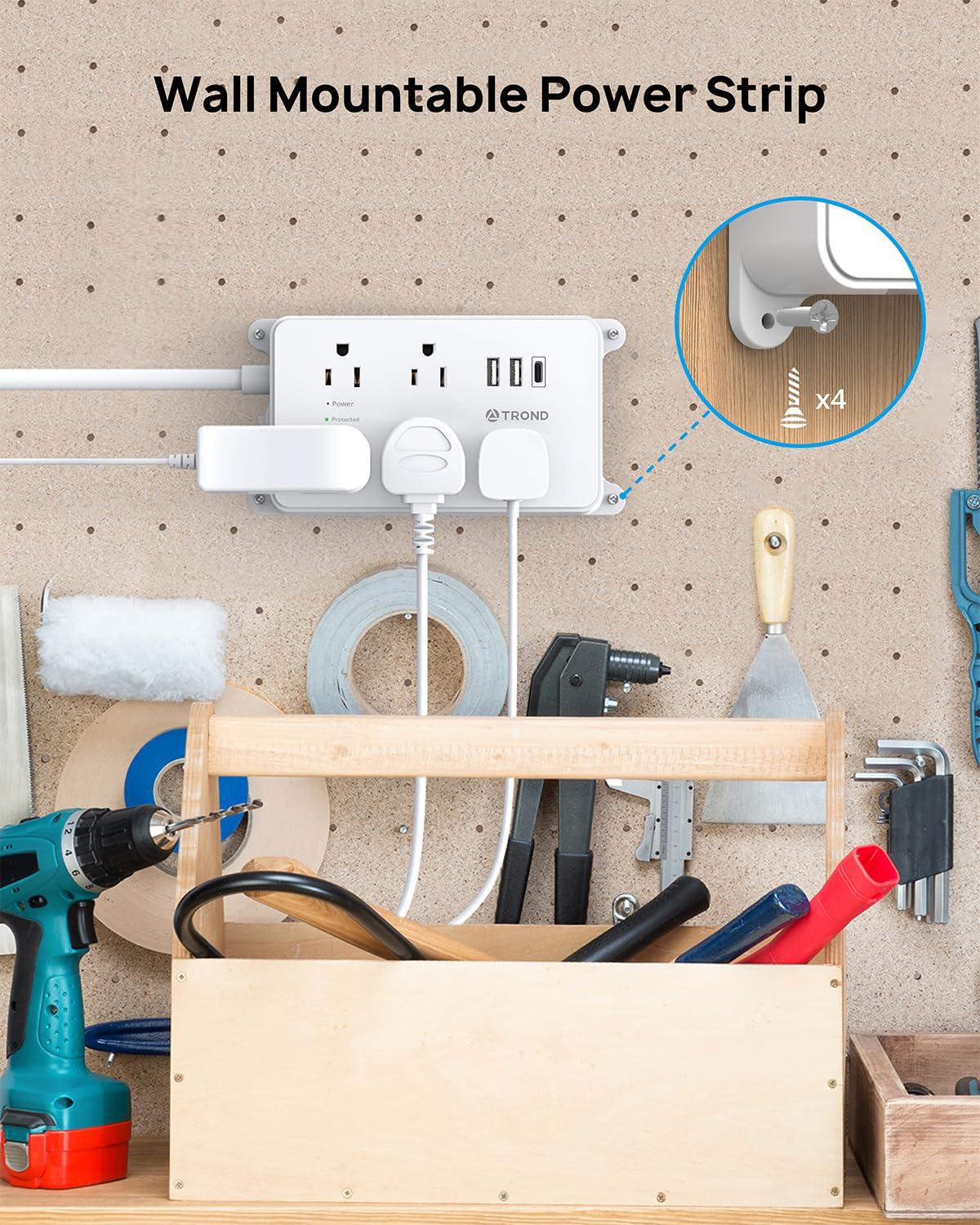 TROND TROND Power Strip with USB, Surge Protector Flat Plug with 5 Widely-Spaced Outlets and 3 USB Ports, ETL Listed, 1300J, Wall Mountable, 5ft Extension Cord, for Office Kitchen, White