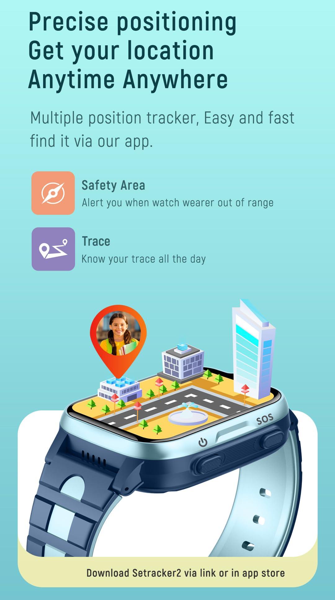 MJVV 4G GPS Smart Watch for Kids GPS Tracker Phone Watch Whatsapp Video Call SOS Alarm Voice Chat Message and Text Real-Time Tracking Smartwatch for Age 3-15 Gift Blue&Black