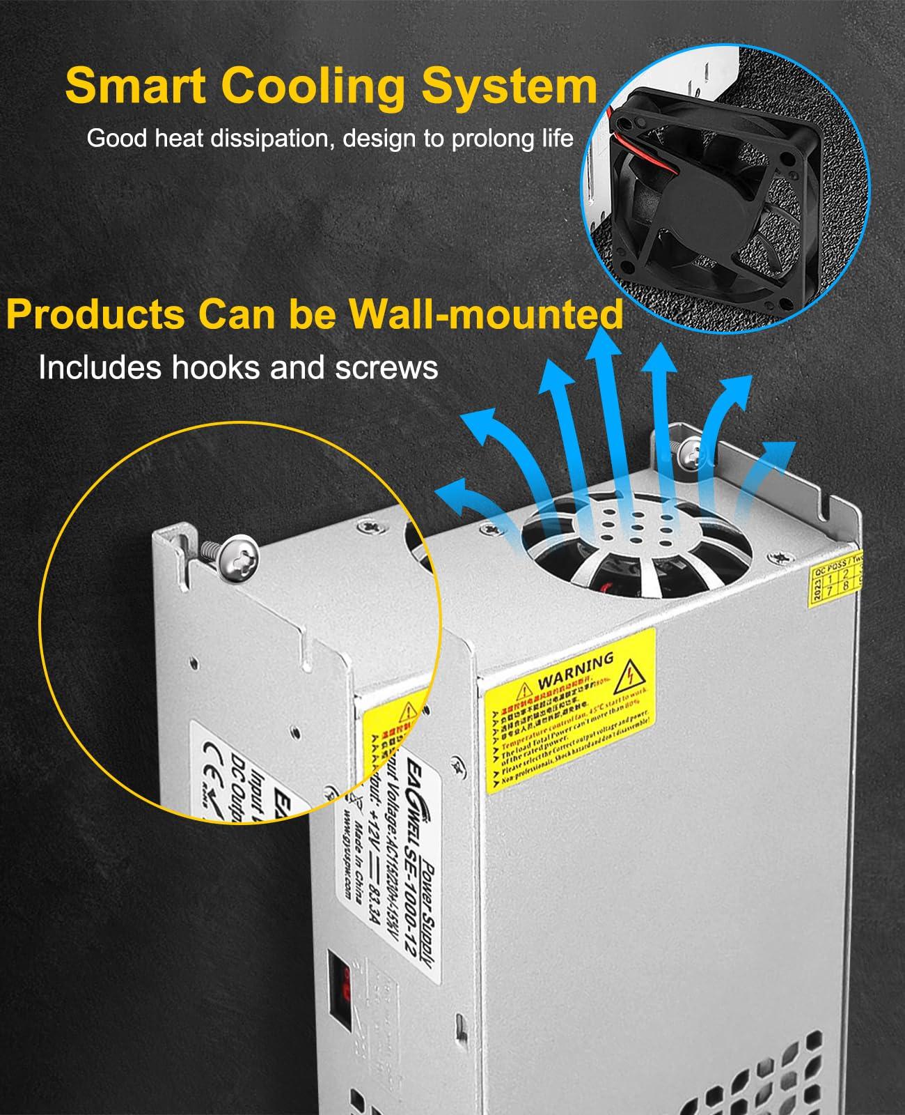 EAGWELL AC to DC Converter 12V Power Supply 1000W, Universal SMPS 120V AC to 12V DC Converter Switching Power Supply 12V Transformer Driver Adapter for RV,Pump,LED Strip, LCD Monitor