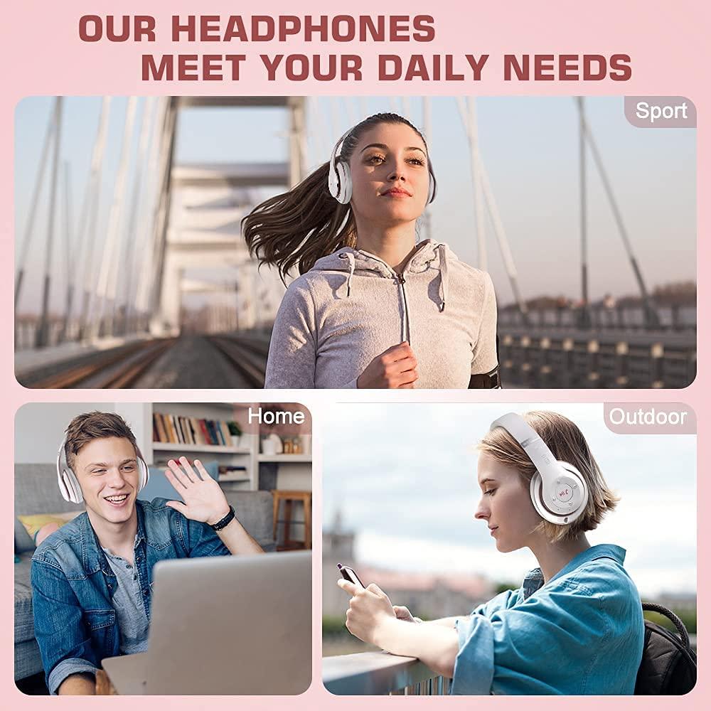 PRTUKYT PRTUKYT 6S Wireless Bluetooth Headphones Over Ear, Hi-Fi Stereo Foldable Wireless Stereo Headsets Earbuds with Built-in Mic, Volume Control, FM for Phone/PC (White & Rose Gold)
