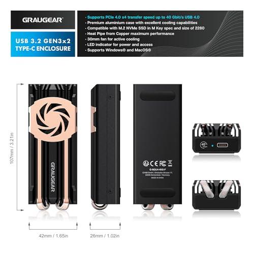 GRAUGEAR GRAUGEAR 40Gbps M.2 NVMe SSD Enclosure, USB4 NVMe SSD Enclosure with Cooling Fan and Dual-Pipe Heatsink Aluminum, Thunderbolt 4/3, ASM2464PD Chip