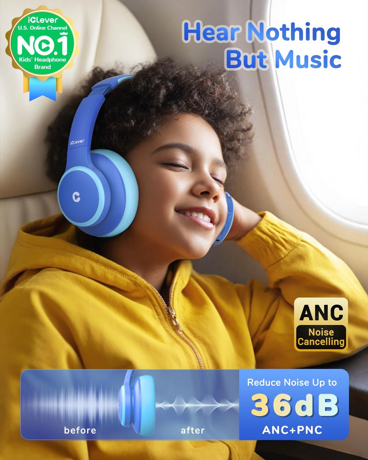 iClever iClever BTH26 Active Noise Cancelling Headphones for Kids, 60H Play Time, Safe Volume 80dBA, Type C Fast Charging, Bluetooth5.4, Kids Bluetooth Headphones with Mic AUX Cord for iPad Airplane, Blue