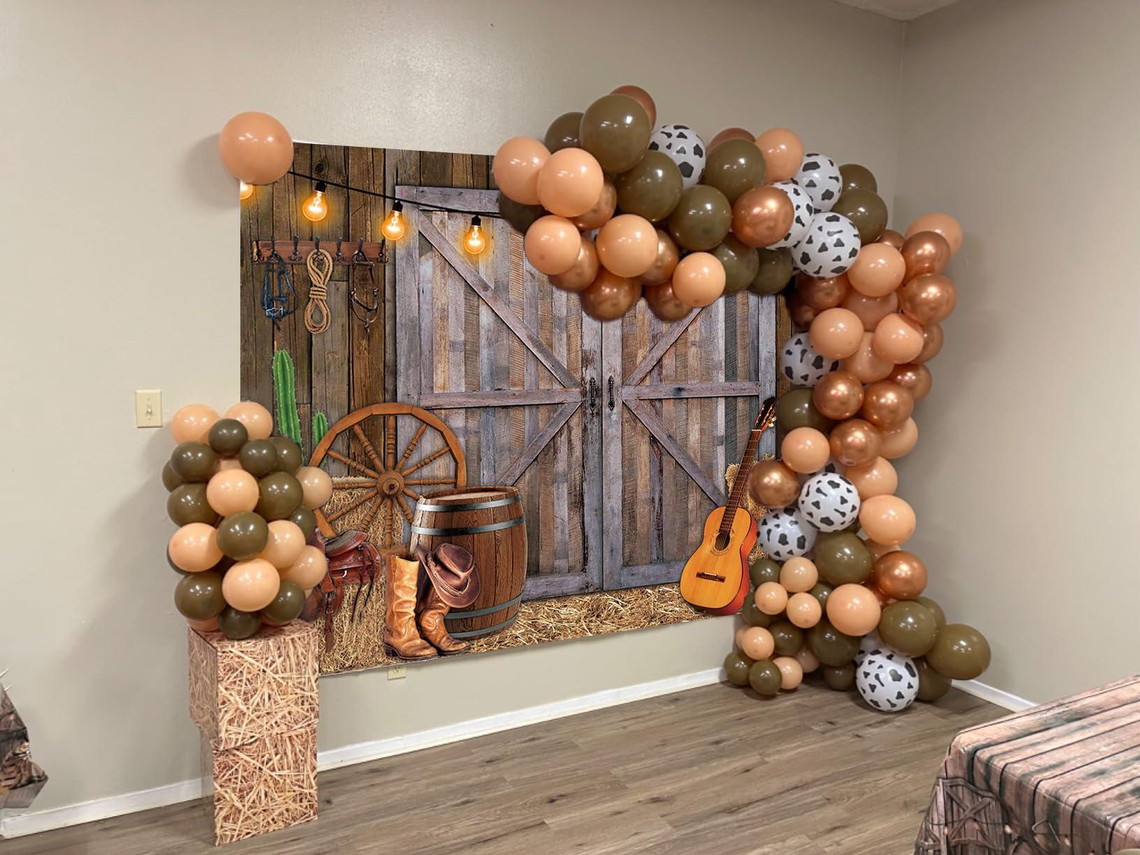 TENCOW Western Cowboy Backdrop 8x6FT Western Party Decorations Banner Wild West Rustic Wooden Barn House Photography Background for Cowboy Theme Party Decoration Banner Photo Booth (96x72 inch)