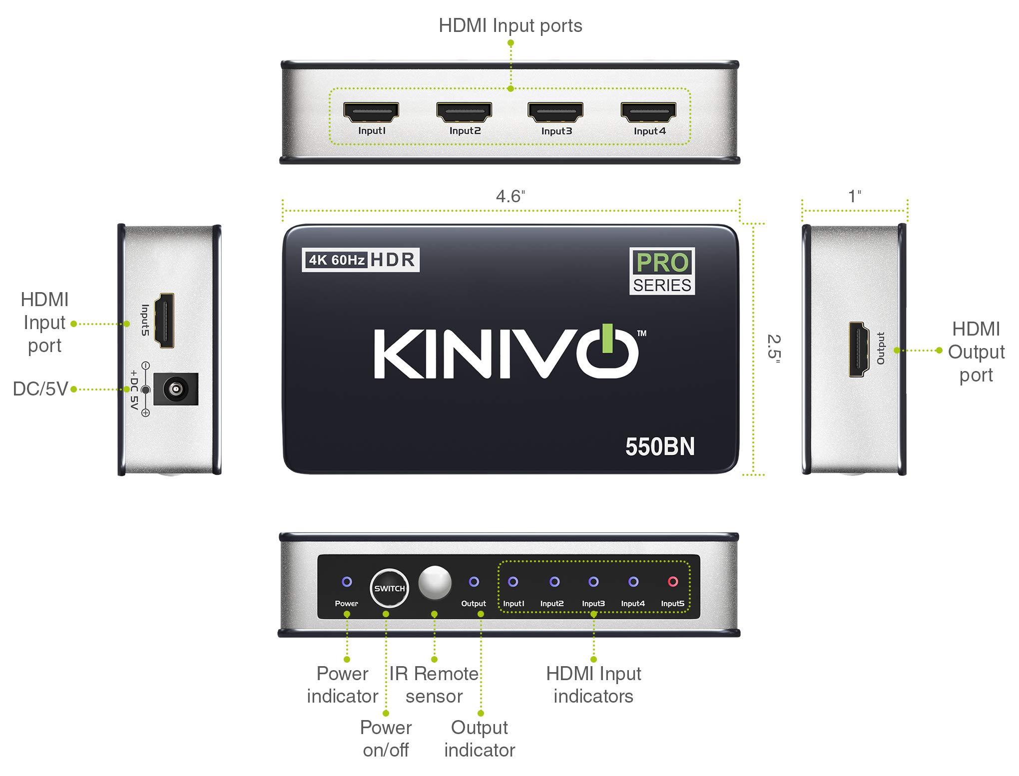 Kinivo Kinivo HDMI Switch 4K HDR 550BN (5 in 1 Out, 4K 60Hz HDR, HDMI 2.0, High Speed 18Gbps, IR Remote, HDCP) - Compatible with Roku, PS5, Xbox, Apple TV, Nintendo Switch, Cable Box
