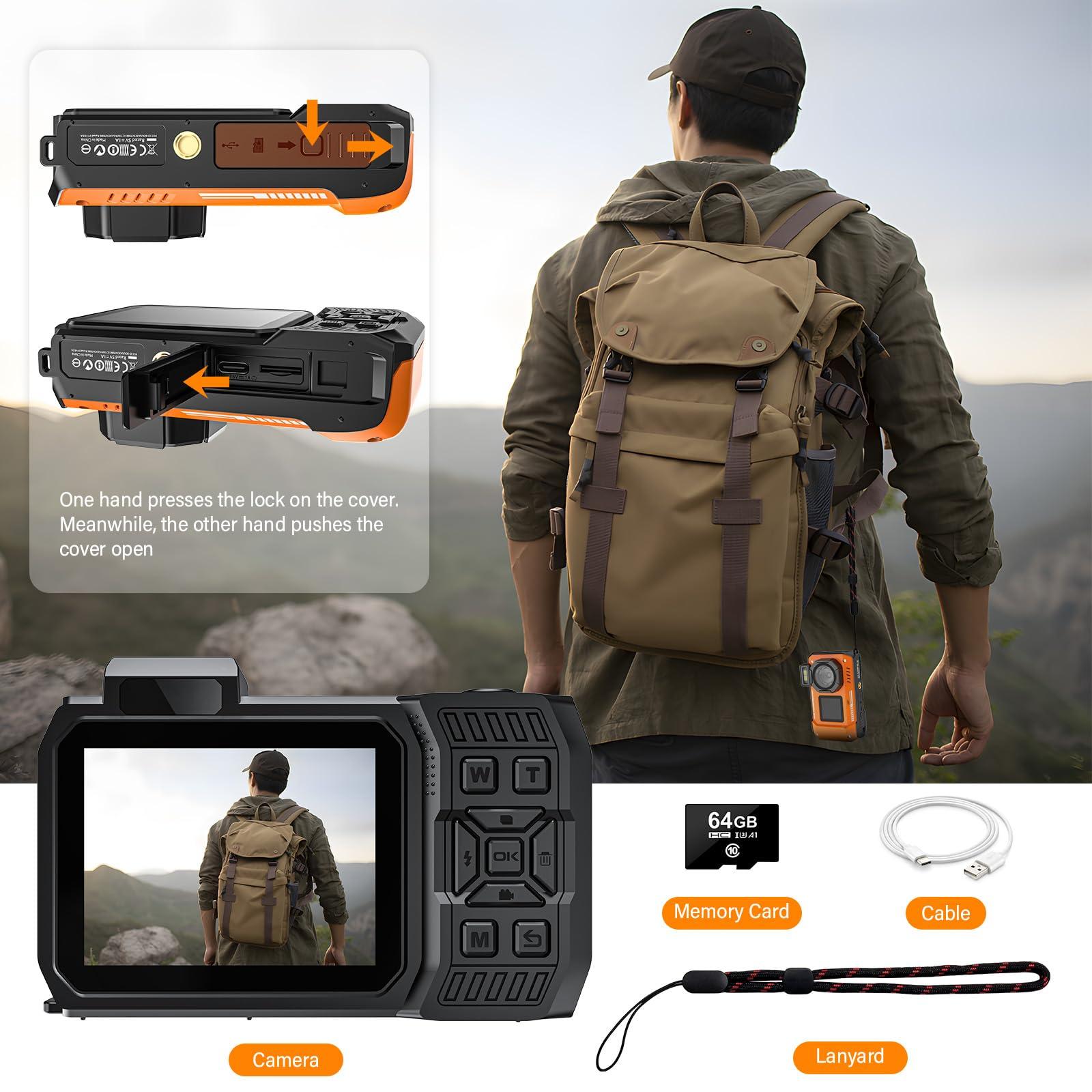 tupsio 8K UHD 70MP Digital Camera with 32GB Card Rugged Waterproof Dustproof Shockproof 33FT Underwater Camera Dual-Screen Selfie for Snorkeling Autofocus Point and Shoot Digital Camera (Orange)