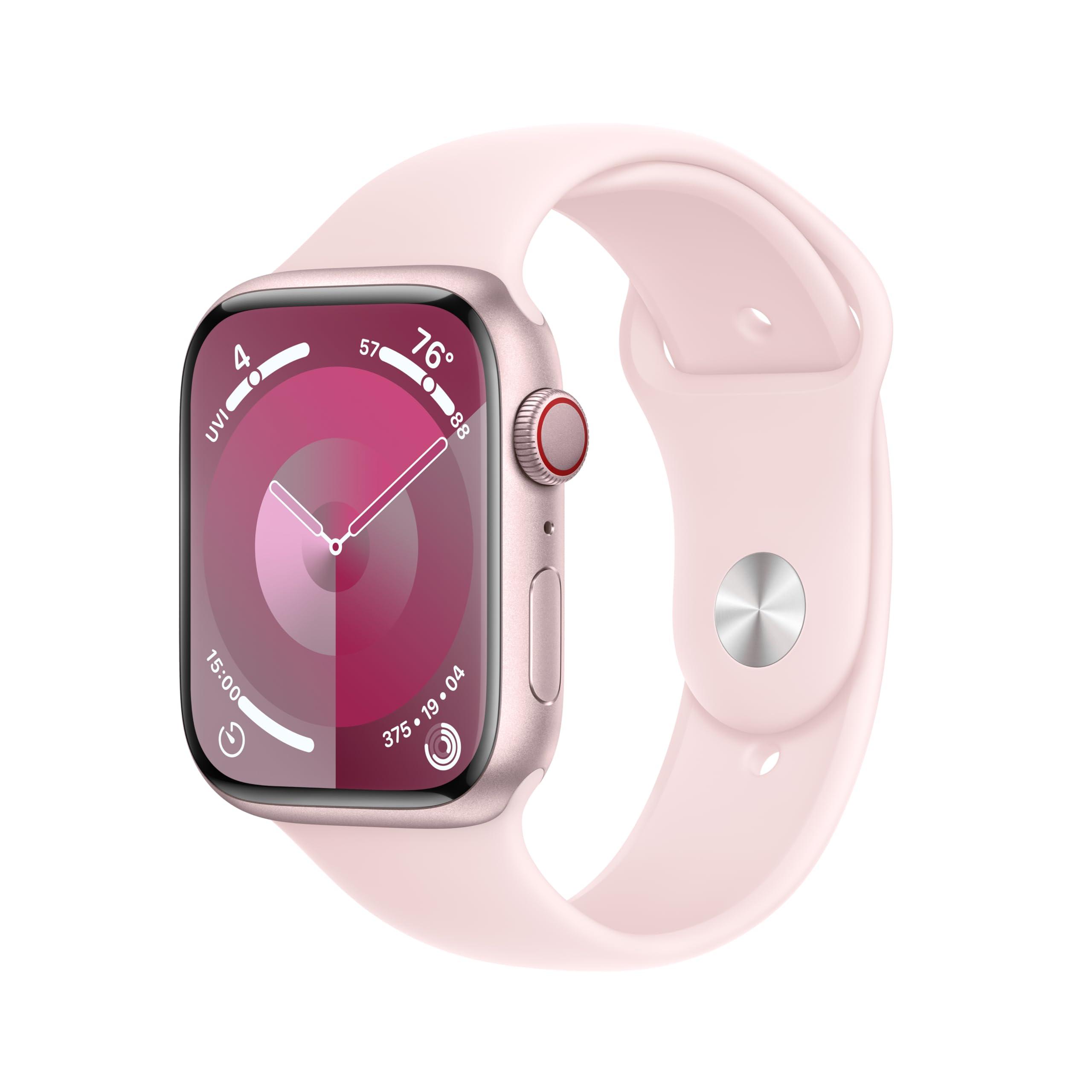 Apple Apple Watch Series 9 [GPS + Cellular 45mm] Smartwatch with Pink Aluminum Case with Pink Sport Band S/M. Fitness Tracker, Blood Oxygen & ECG Apps, Always-On Retina Display