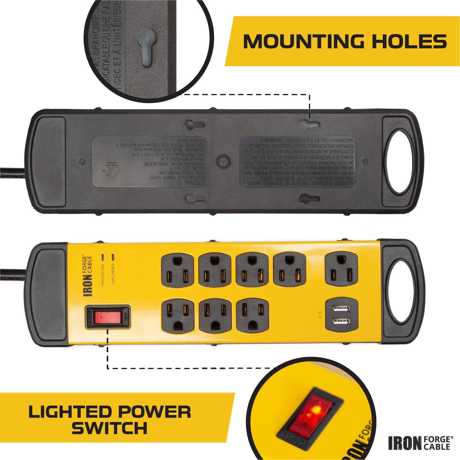 IRON FORGE CABLE Iron Forge Cable 8 Outlet Heavy Duty Surge Protector Power Strip with 2 USB Ports, 14/3 SJT 6 ft Extension Cord, 15 AMP Black & Yellow Metal Power Strips with Surge Protection Built-in Circuit Breaker