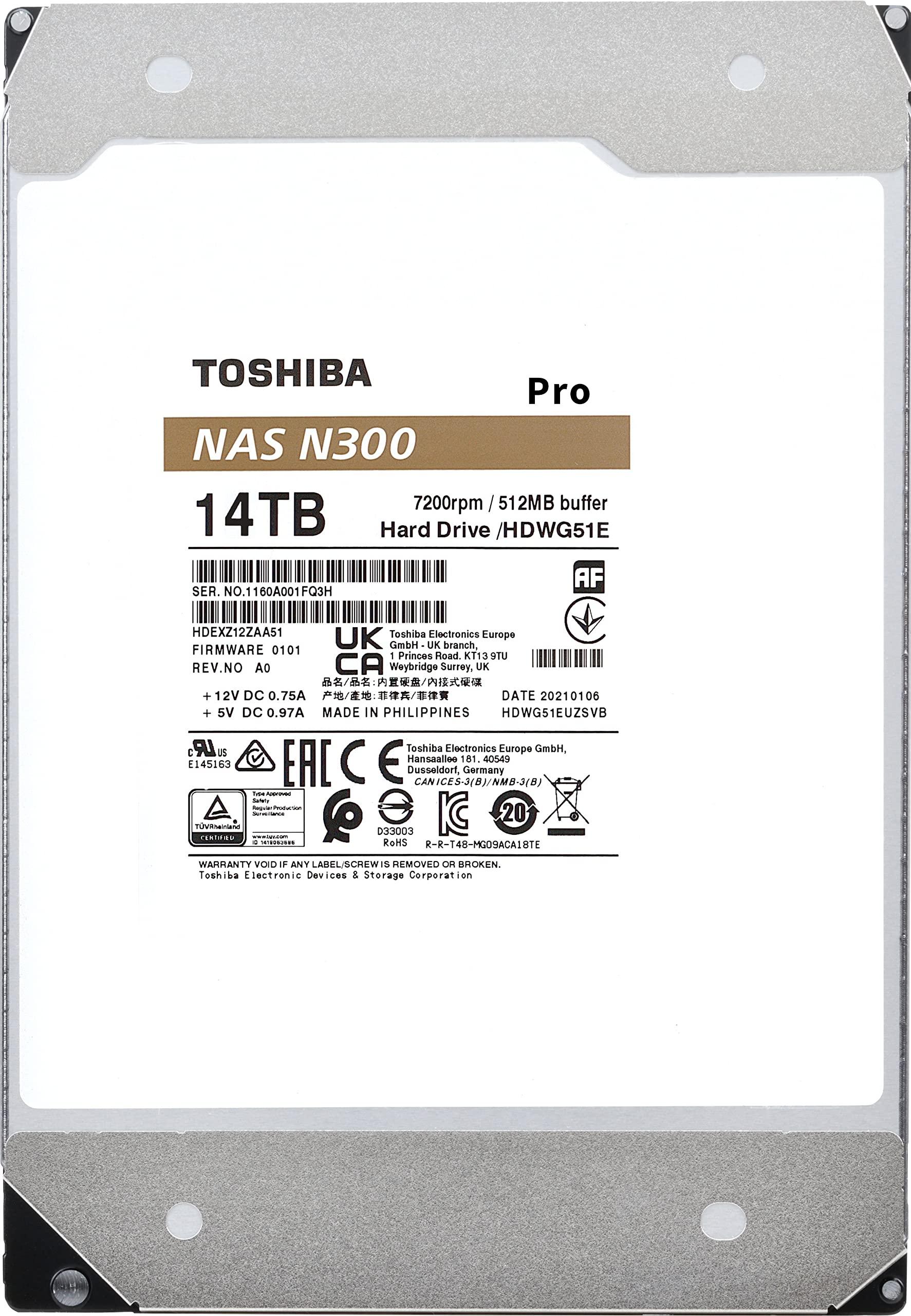 TOSHIBA Toshiba N300 PRO 14TB Large-Sized Business NAS (up to 24 bays) 3.5-Inch Internal Hard Drive - Up to 300 TB/year Workload Rate CMR SATA 6 GB/s 7200 RPM 512 MB Cache - HDWG51EXZSTB