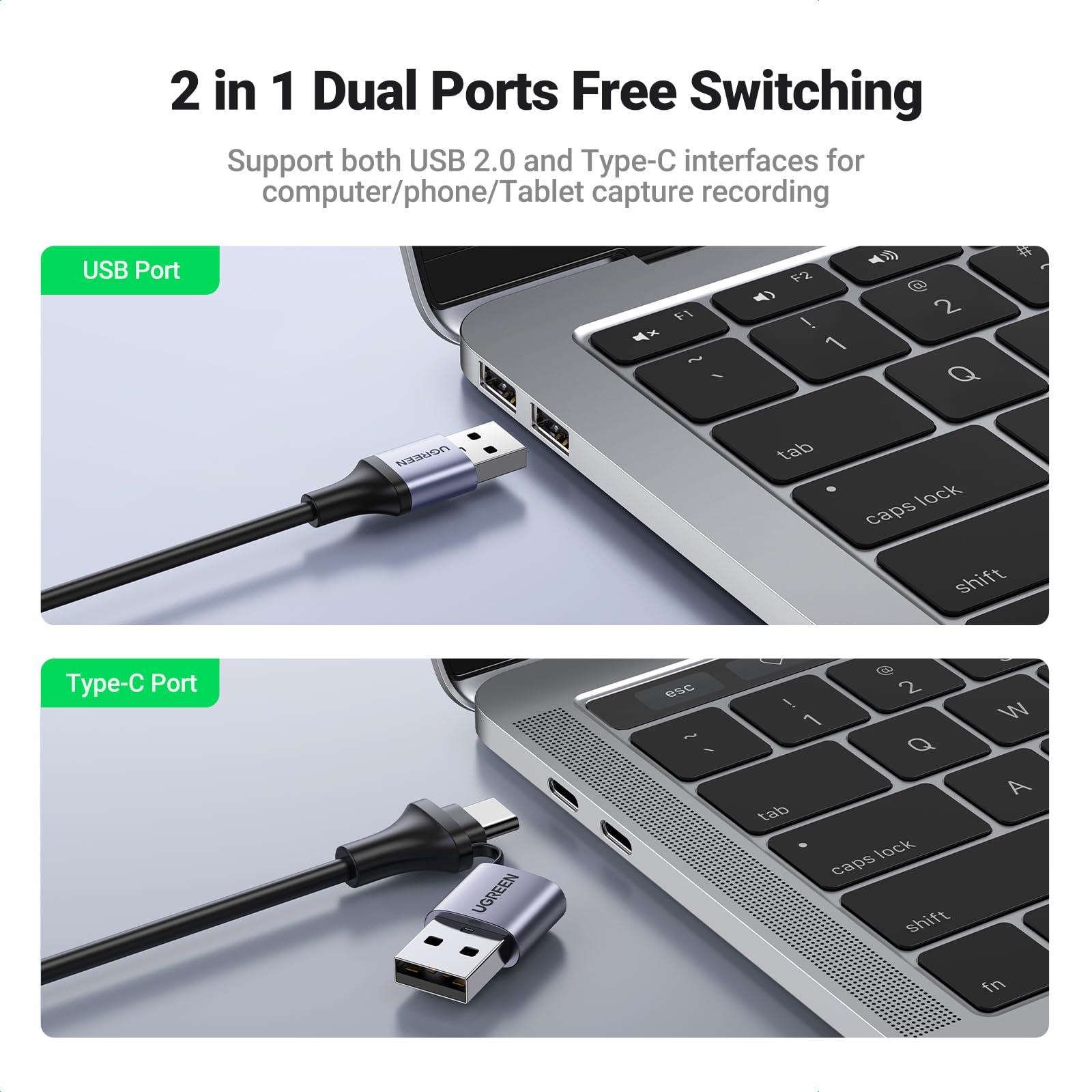 UGREEN UGREEN Full HD 1080P Video Capture Card 4K HDMI to USB-A/USB-C HDMI Capture Card USB 2.0 Capture Video and Audio Recording for Gaming, Streaming, Teaching, Video Conference