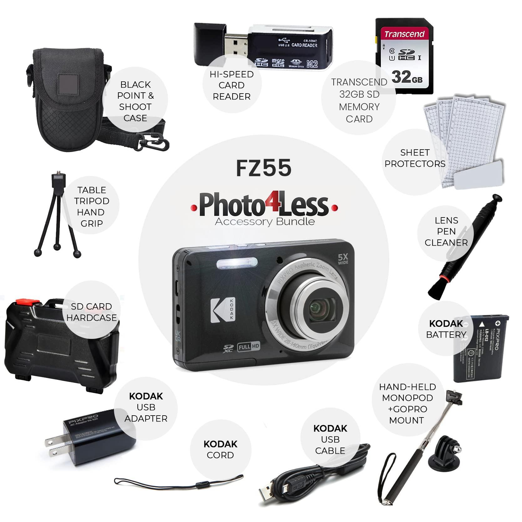 PHOTO4LESS Kodak PIXPRO FZ55 Digital Camera (Black) + 32GB Memory Card + Point and Shoot Camera Case + Extendable Monopod + Lens Cleaning Pen + LCD Screen Protectors + Table Top Tripod Ultimate Bundle