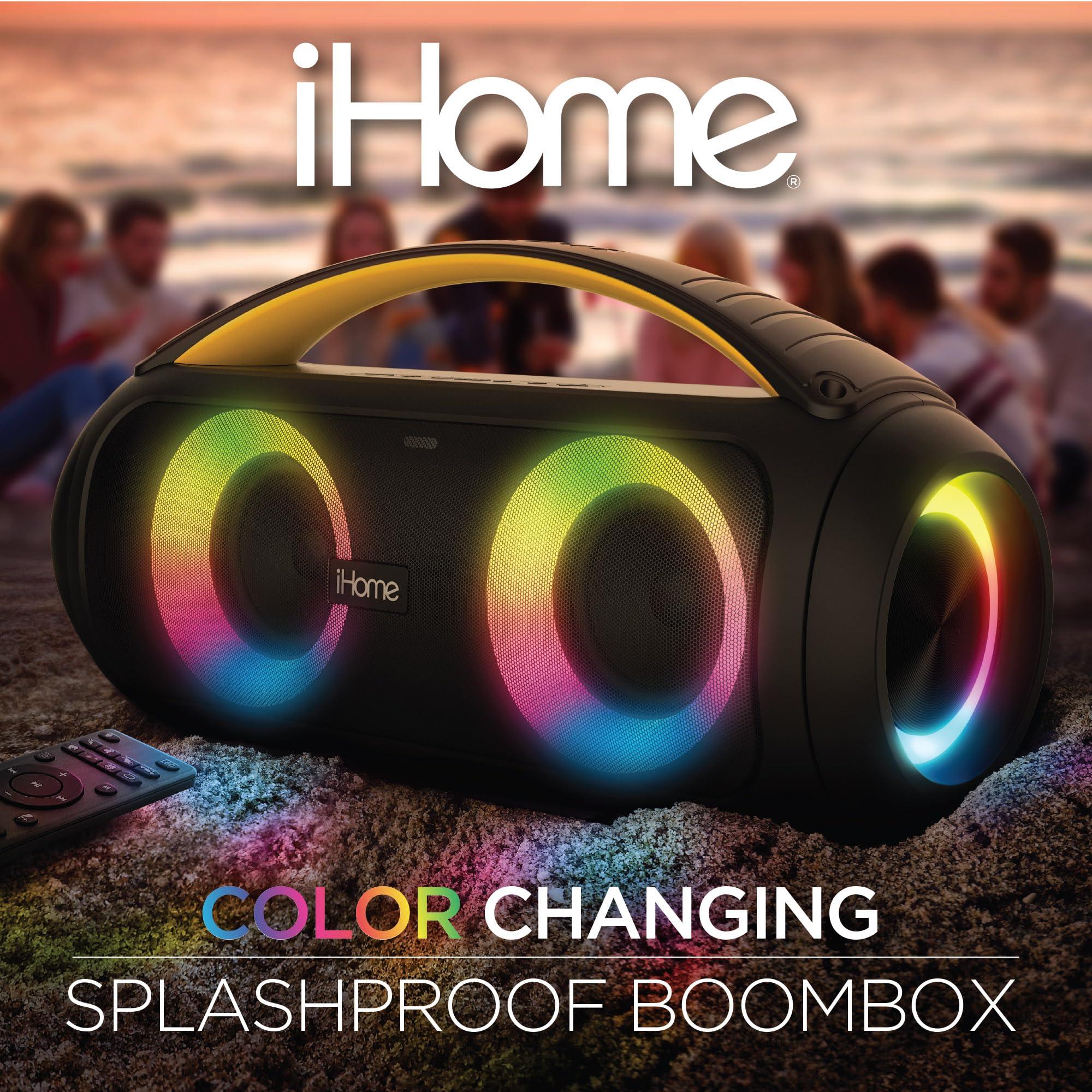 iHome iHome Bluetooth Speaker Boombox with FM Radio, Color Changing Lights and Remote Control, Splash-Proof Wireless Speaker is Portable and Rechargeable (iBT920B.EXv24)