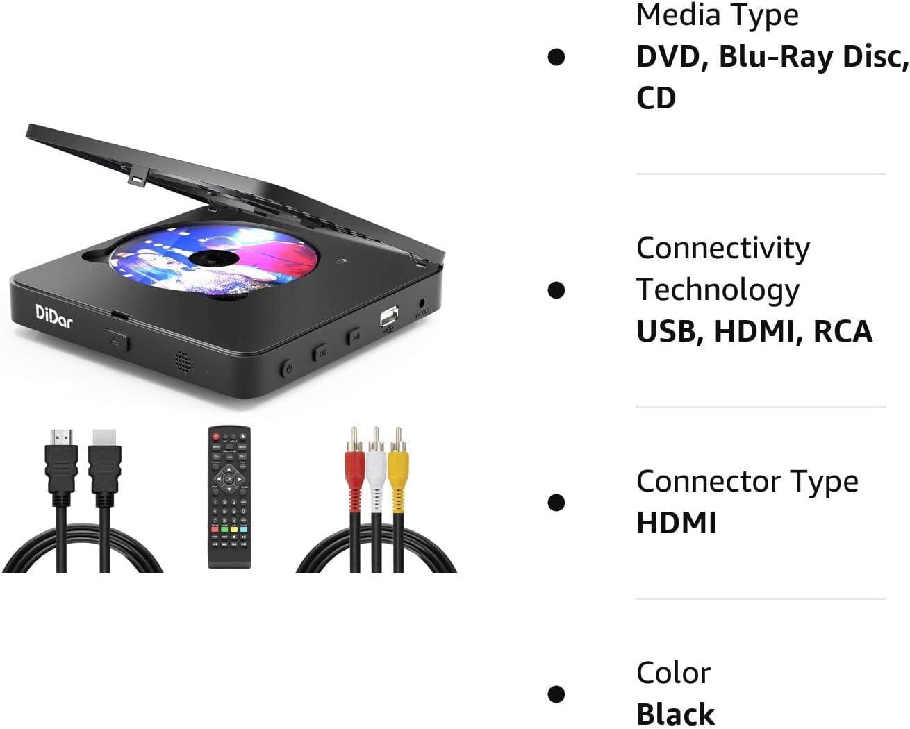 DID A R Super Mini Blu-ray HD DVD for TV, 1080P Blue-ray Home Theater, Portable with Remote Control + HDMI AV Cable + Built-in PAL/NTSC, Support USB Input