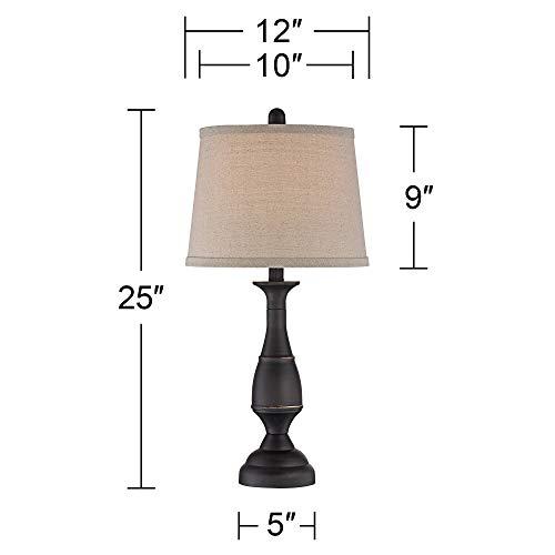 Regency Hill Regency Hill Ben Farmhouse Traditional Table Lamps 25" High Full Size Set of 2 Dark Bronze Brown Metal Beige Linen Drum Shade Decor for Living Room Bedroom House Bedside Nightstand Home Office