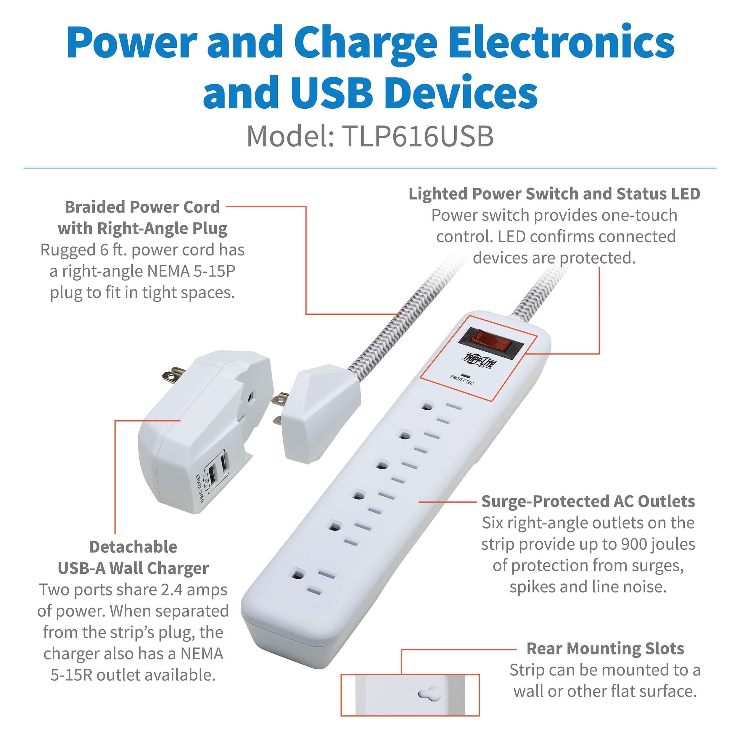 Tripp Lite Tripp Lite Surge Protector Power Strip 7-Outlet with 2 USB Ports 6ft Cord White (TLP616USB)