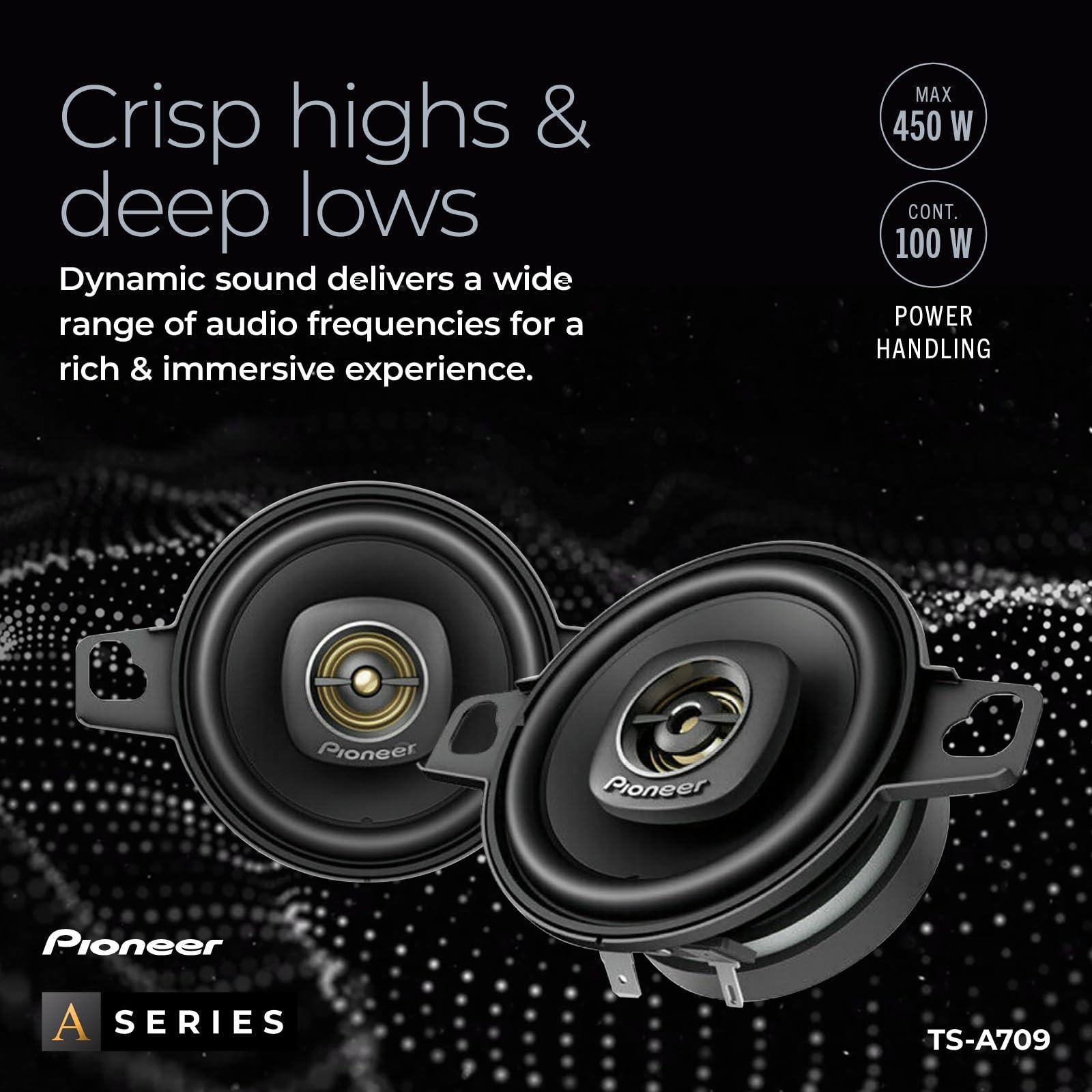 Pioneer Pioneer TS-A709, 2-Way Coaxial Car Audio Speakers, Full Range, Clear Sound Quality, Easy Installation and Enhanced Bass Response, Black and Gold Colored 2.75 Round Speakers