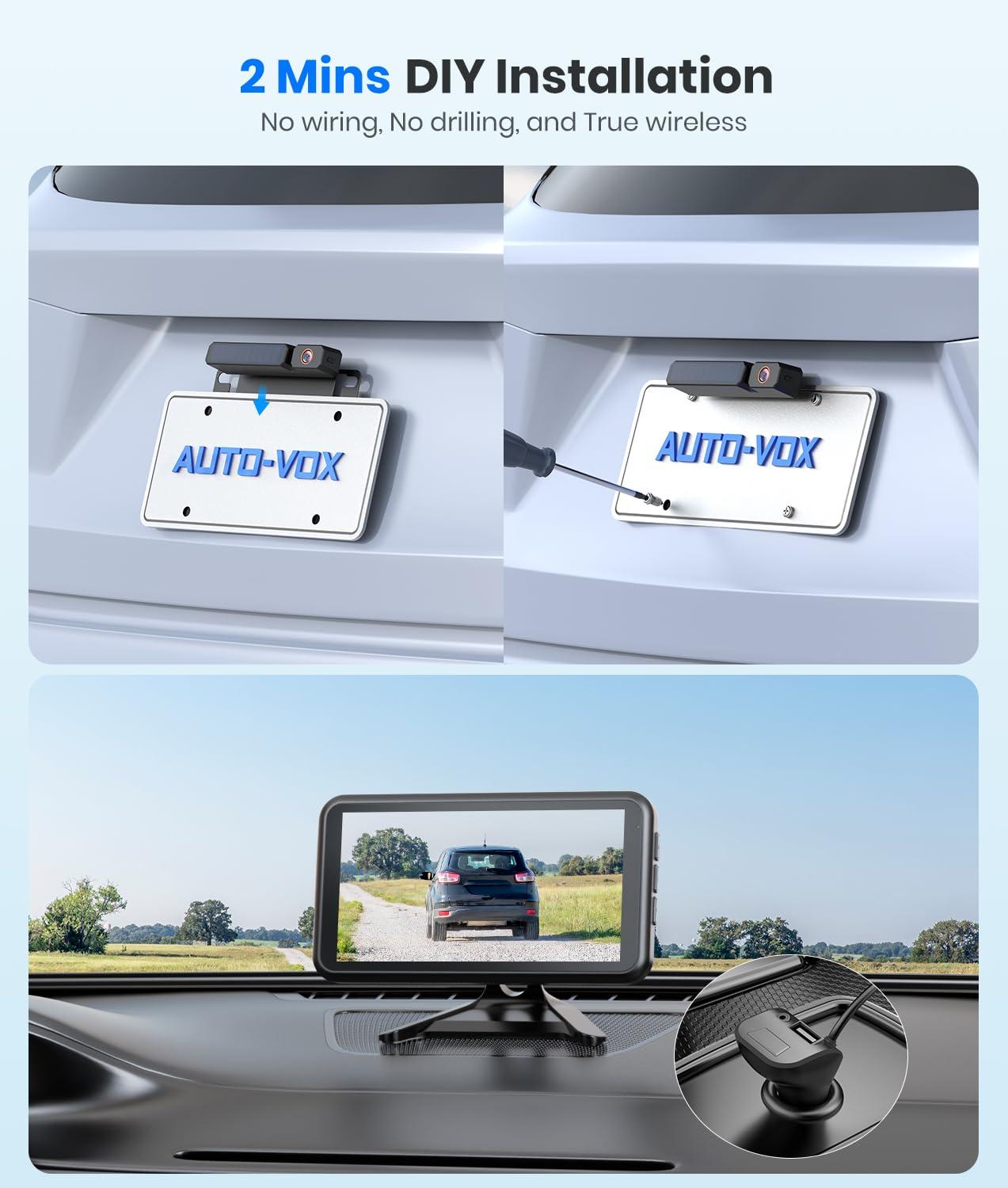 AUTO-VOX AUTO-VOX Solar Wireless Backup Camera with 5" 1080P Monitor: 5000mAh Battery 2 Mins DIY Installation & 2 Split Screen Back Up Camera, IP69K Waterproof Reverse Camera for Car, Van, SUV, Truck, Trailer