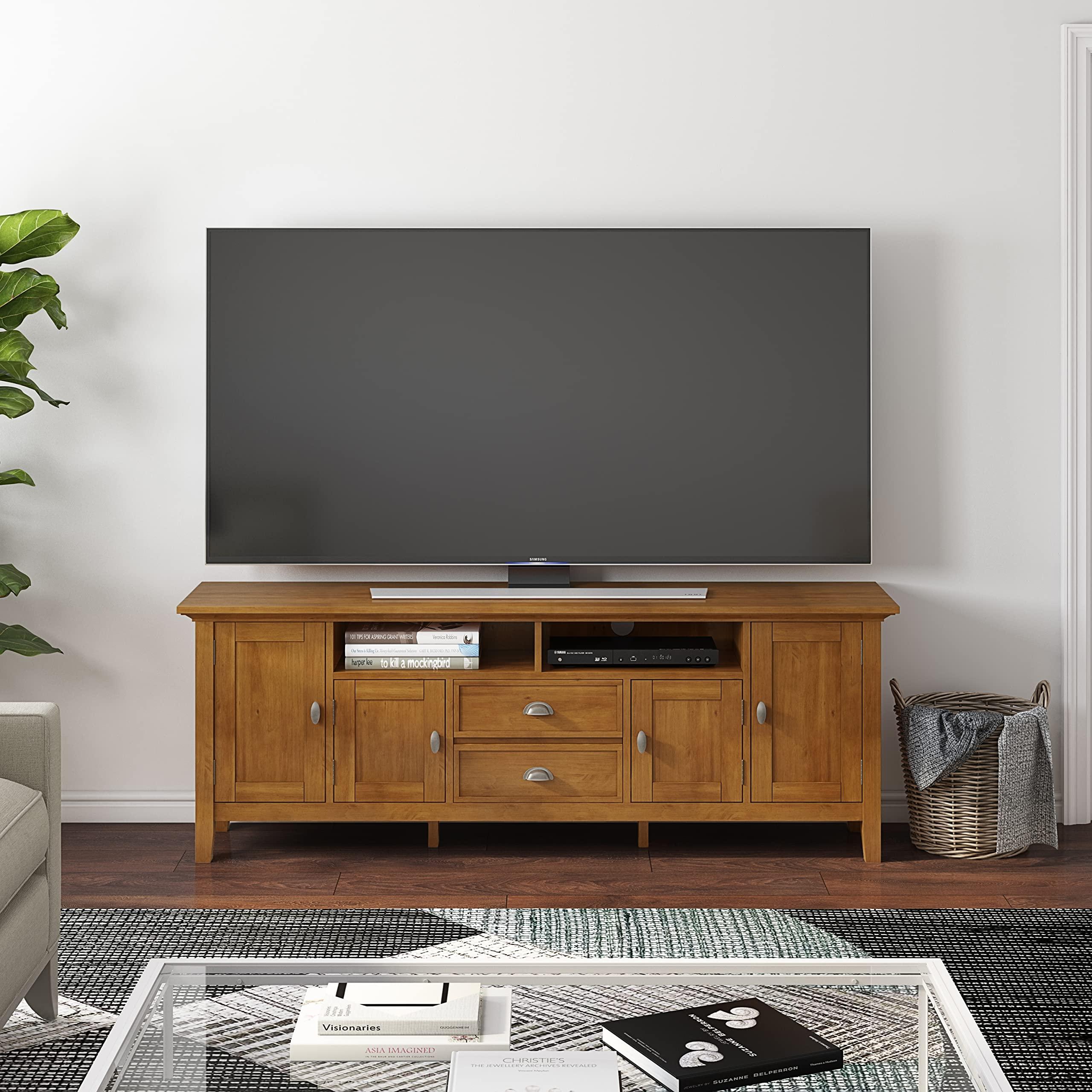 SIMPLIHOME SIMPLIHOME Redmond SOLID WOOD 72 inch Wide Transitional TV Media Stand in Light Golden Brown For TVs up to 80 inches for the Living Room and Entertainment Center