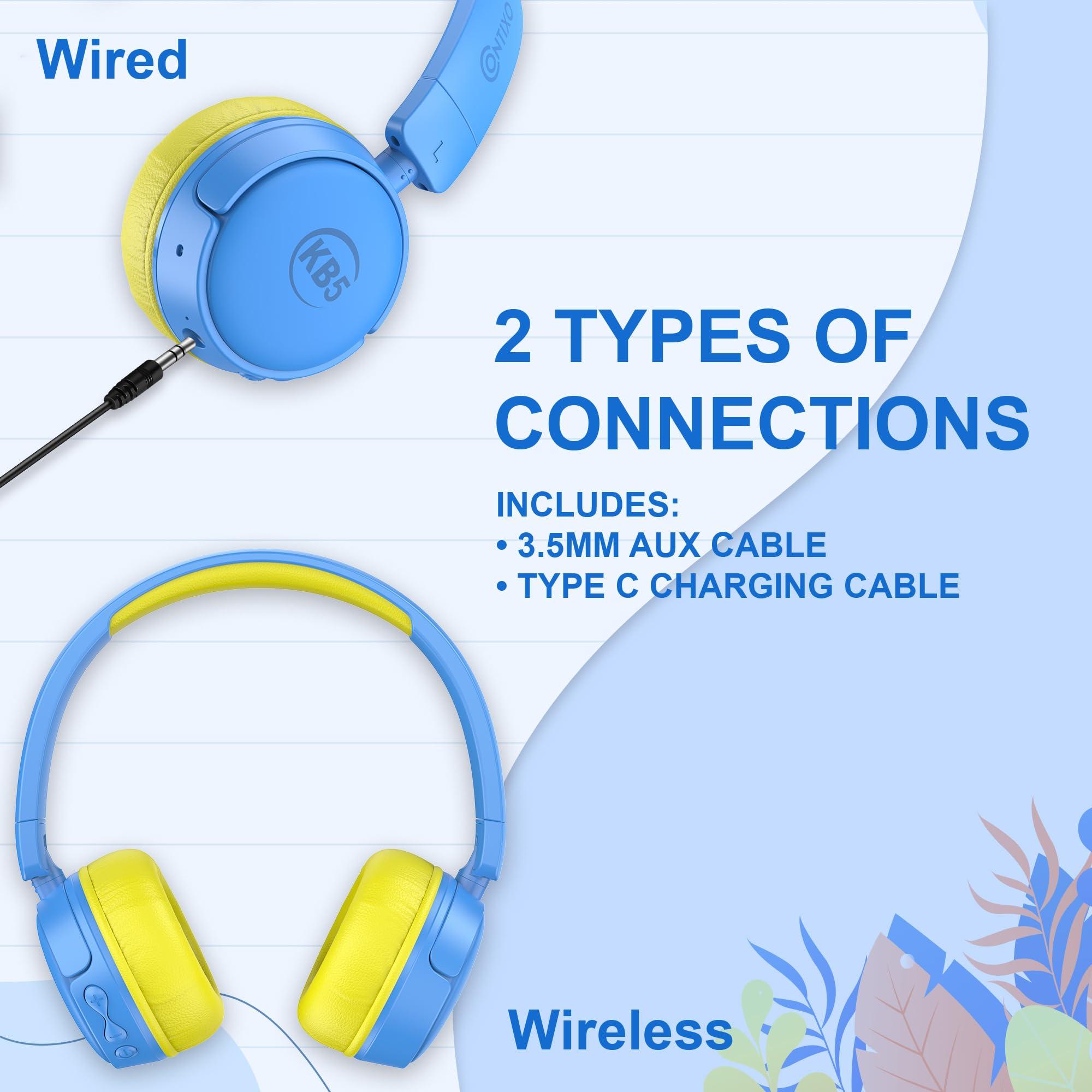 Contixo Contixo KB-5 Kids Headphones - Over The Ear Foldable Bluetooth Wireless Headphone for Kids - 85dB with Volume Limited - Toddler Headphones for Boys and Girls (Blue + Yellow)
