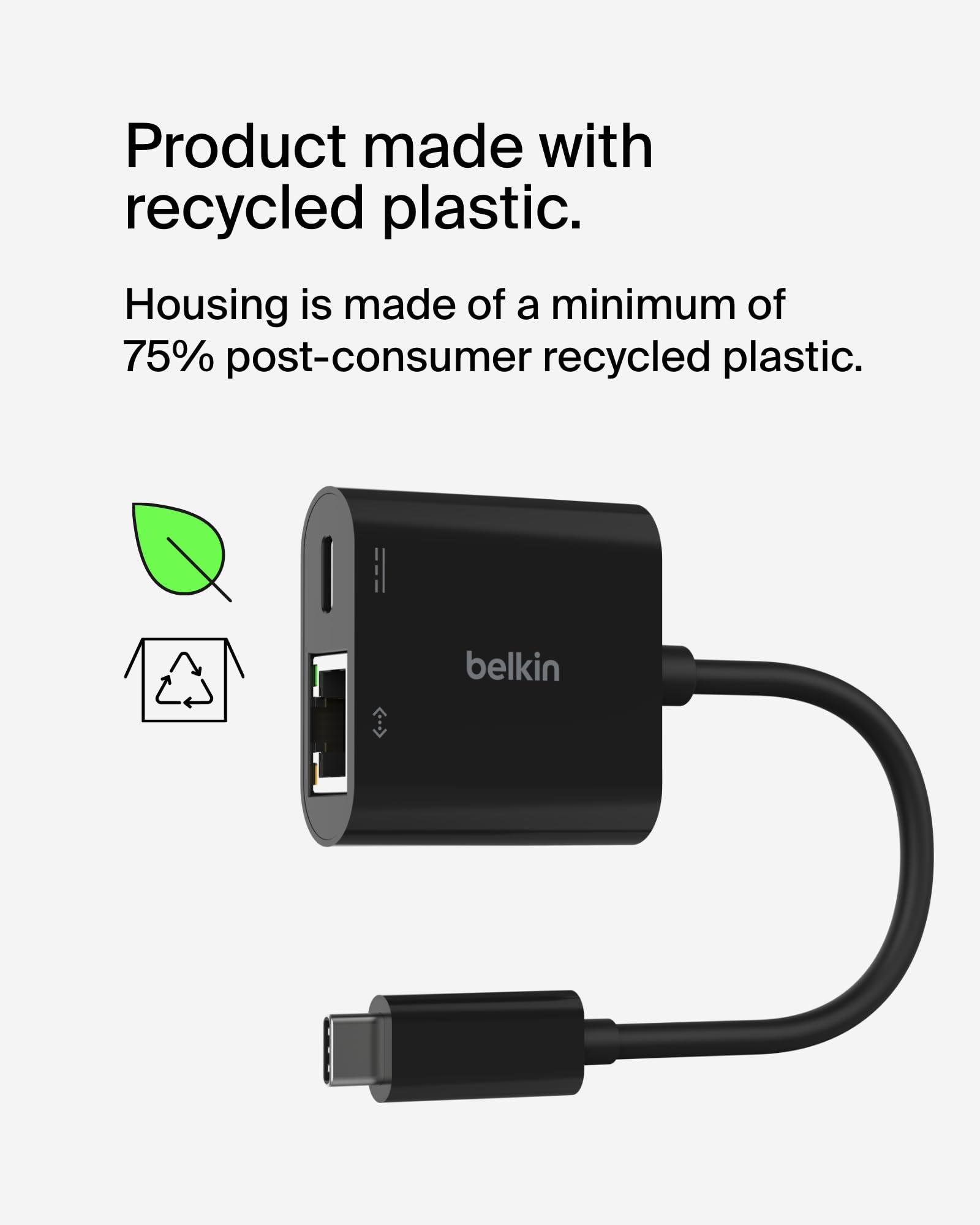 Belkin Belkin Connect USB-C to Ethernet + Charge Adapter 100W w/Gigabit Ethernet Port and USB-C Port - 10/100/1000 Mbps for Fast Internet Connection - Compatible with iPhone 16, Samsung Galaxy S25, & More