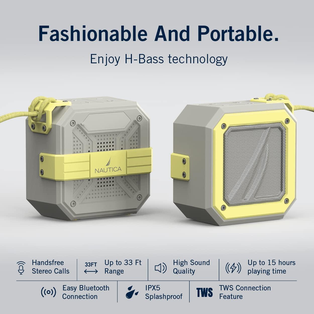 Nautica Nautica Bluetooth Portable Speaker, Waterproof Wireless Speaker, Outdoor Speaker, Bluetooth Patio Speakers, Loud Sound, Clear Audio, USB Drive, 15-Hour Playtime (Off White-Yellow)
