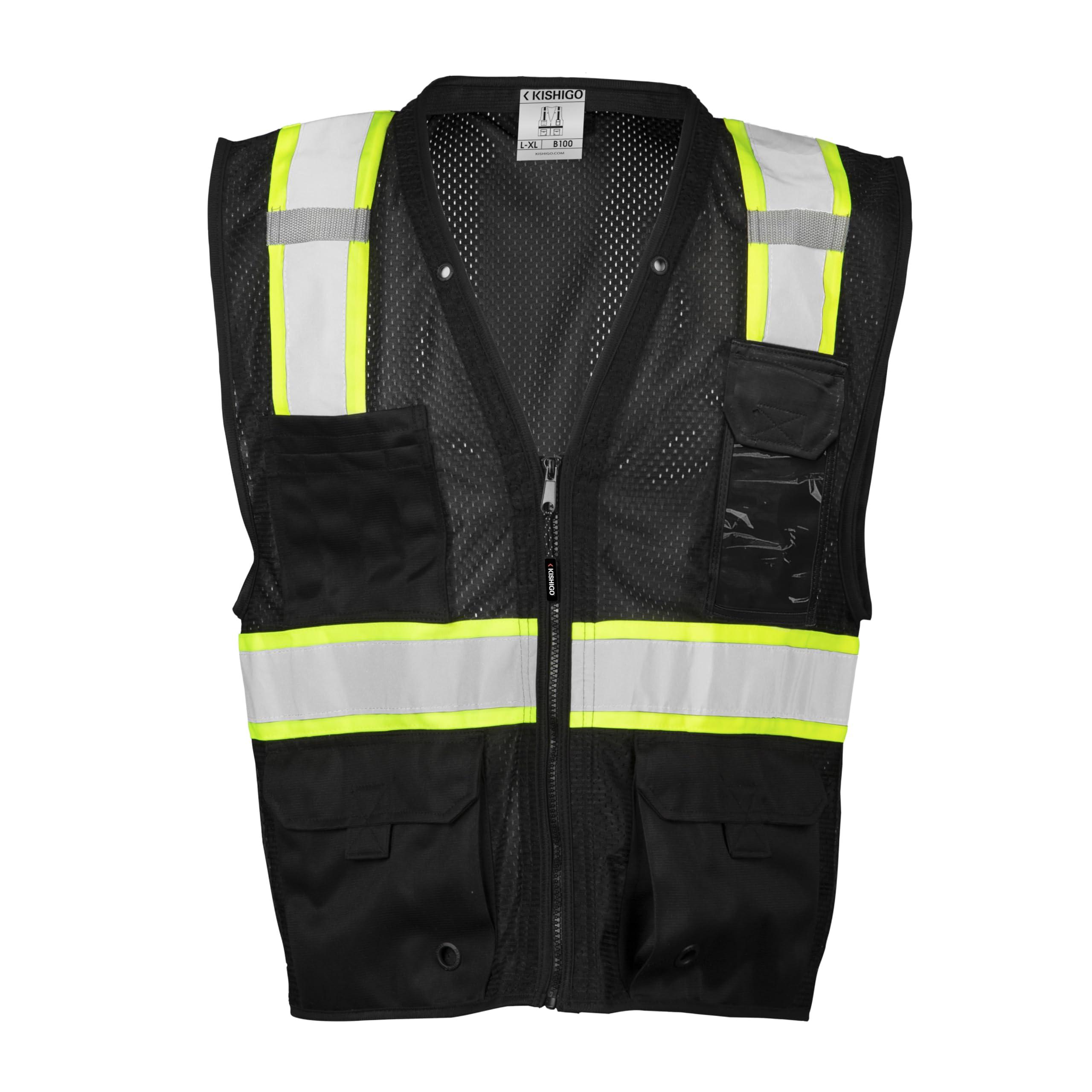 ML Kishigo Kishigo Black Enhanced Visibility Unisex Vest B100, Multi Pocket Mesh Hi-Vis Vest, Ultra-Cool Polyester Material, 6 Pockets, Zipper Front Closure, Construction Work Safety Vest (Black EV, LG-XL)