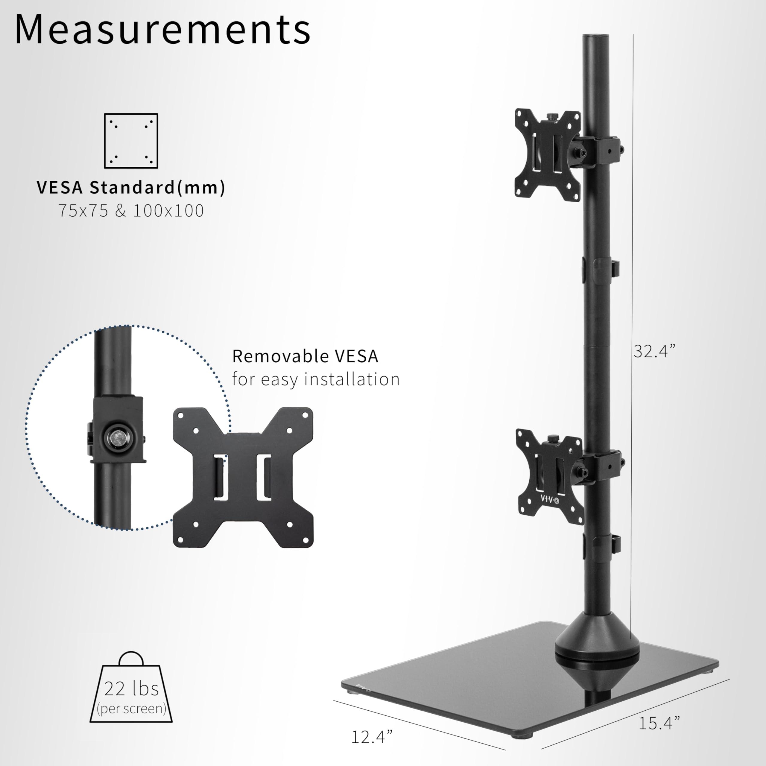 VIVO VIVO Dual Monitor Desk Stand with Tempered Glass Base, Free-Standing LCD Mount, Holds in Stacked Vertical Position 2 Ultrawide Screens up to 34 inches, Black, STAND-V002LG