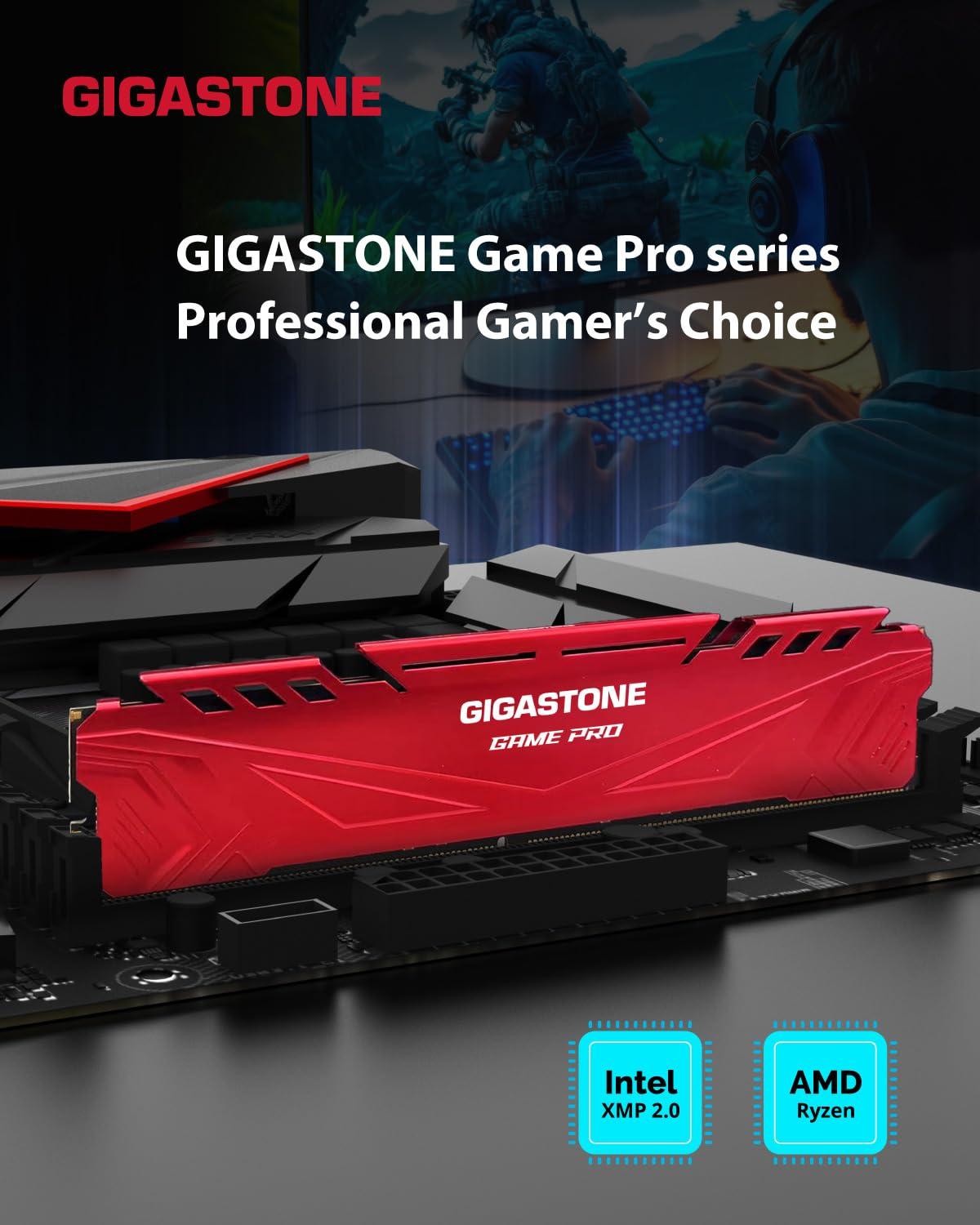 Gigastone DDR4 RAM GIGASTONE Game PRO 64GB Kit (4x16GB) DDR4 3200MHz PC4-25600 CL 16-18-18-40 Intel XMP 2.0 AMD Ryzen 1.35V UDIMM 288 Pin Unbuffered Non ECC High Performance Gaming Desktop Memory - Red