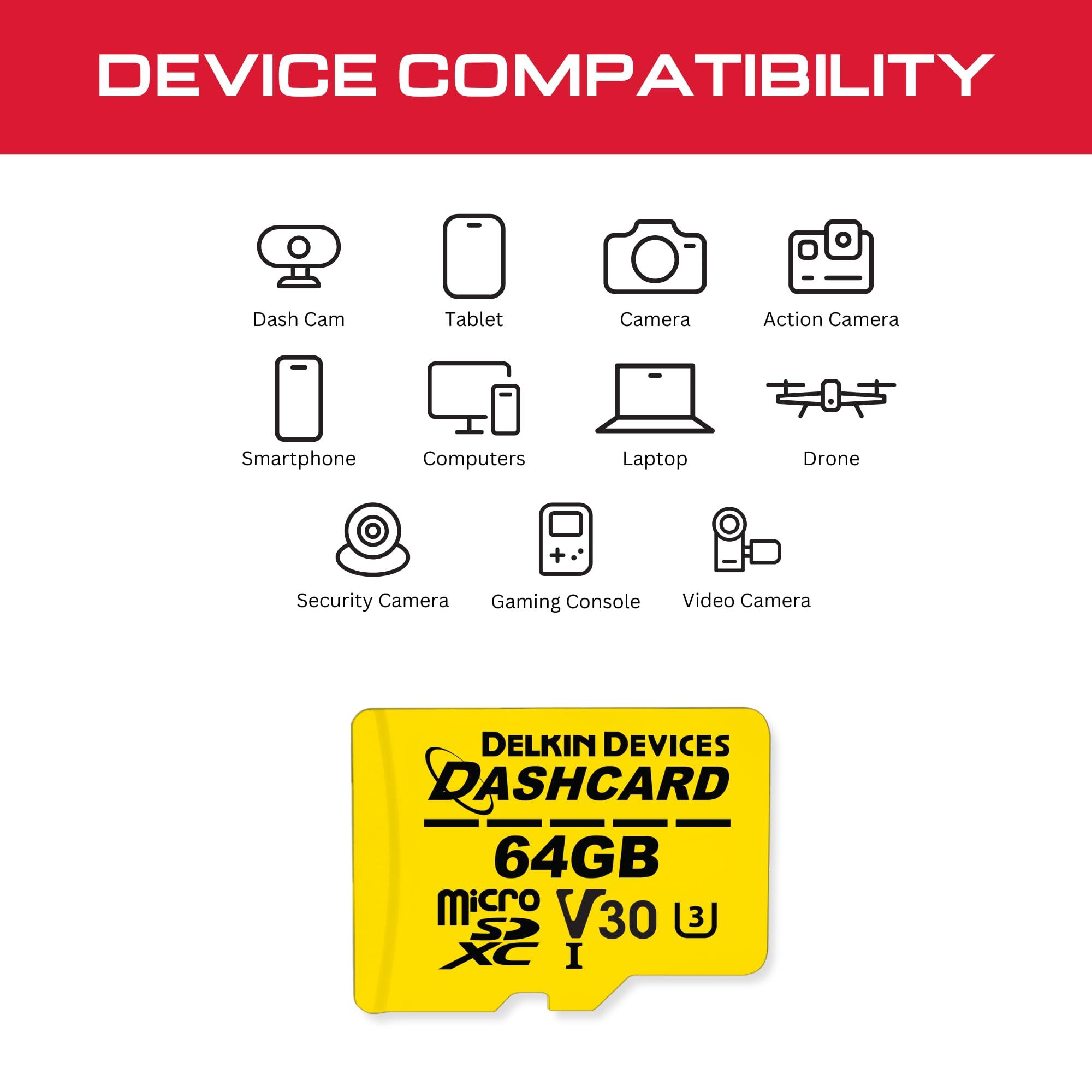 Delkin Devices Delkin 64GB Micro SD Card UHS-I (U3/V30) microSDXC with Adapter | Dash CAM Card Ultra-High Speed Class 10 Micro SD Card for Dash Cam, Security Camera, GoPro, Wyze, Digital Camera