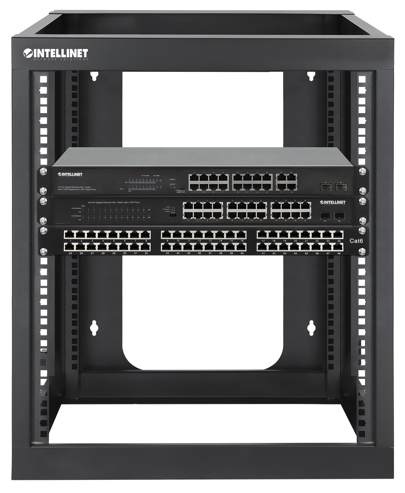 Intellinet Intellinet 12U 19" 4 Post Open Frame Wall Mount Rack - 180 Degree Gate Swing, Pre-Assembled, Antistatic Powder Coated Steel for IT Network Equipment & AV Devices 3 Yr Mfg Warranty 716055