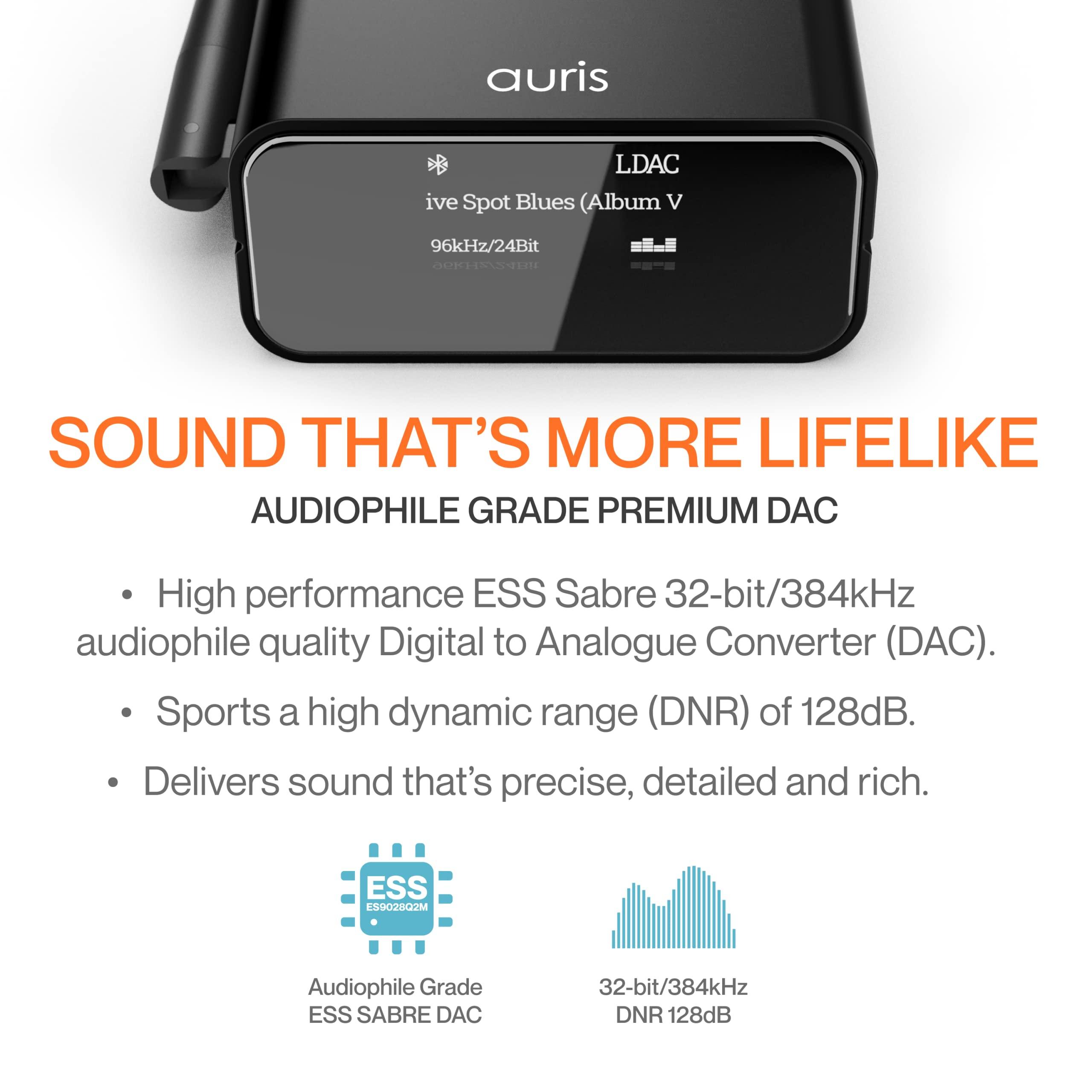 Auris Auris Blume Pro HiFi Bluetooth 5.3 Music Receiver Long Range Bluetooth Adapter with Audiophile DAC, LDAC, aptX HD, OLED Display & Optical Coaxial AUX Output for Home Stereo, AV Receiver or Amplifier