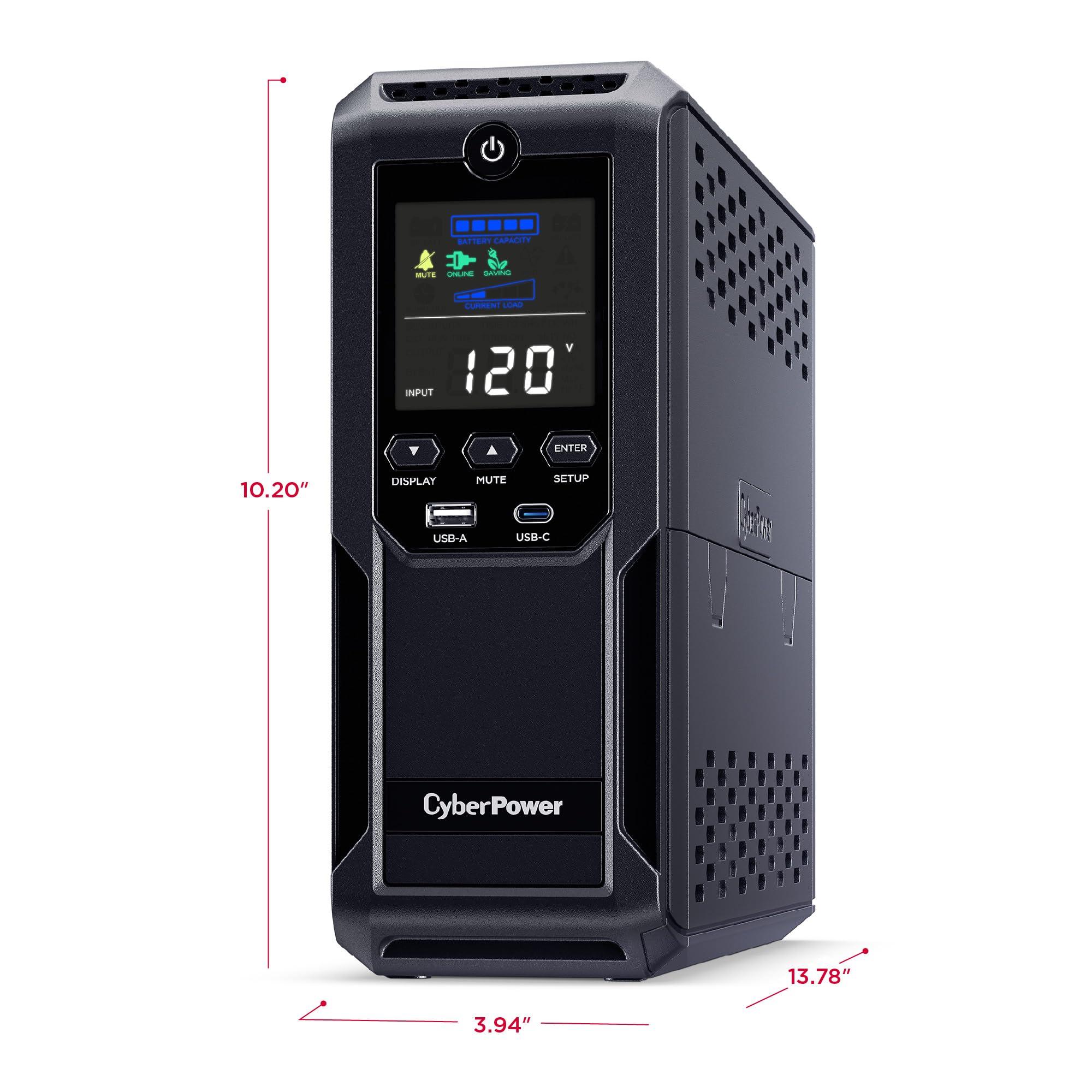 CyberPower CyberPower CP1350AVRLCD3 Intelligent LCD UPS System, 1350VA/815W, 12 Outlets, 2 USB Ports, AVR, Mini Tower, Black