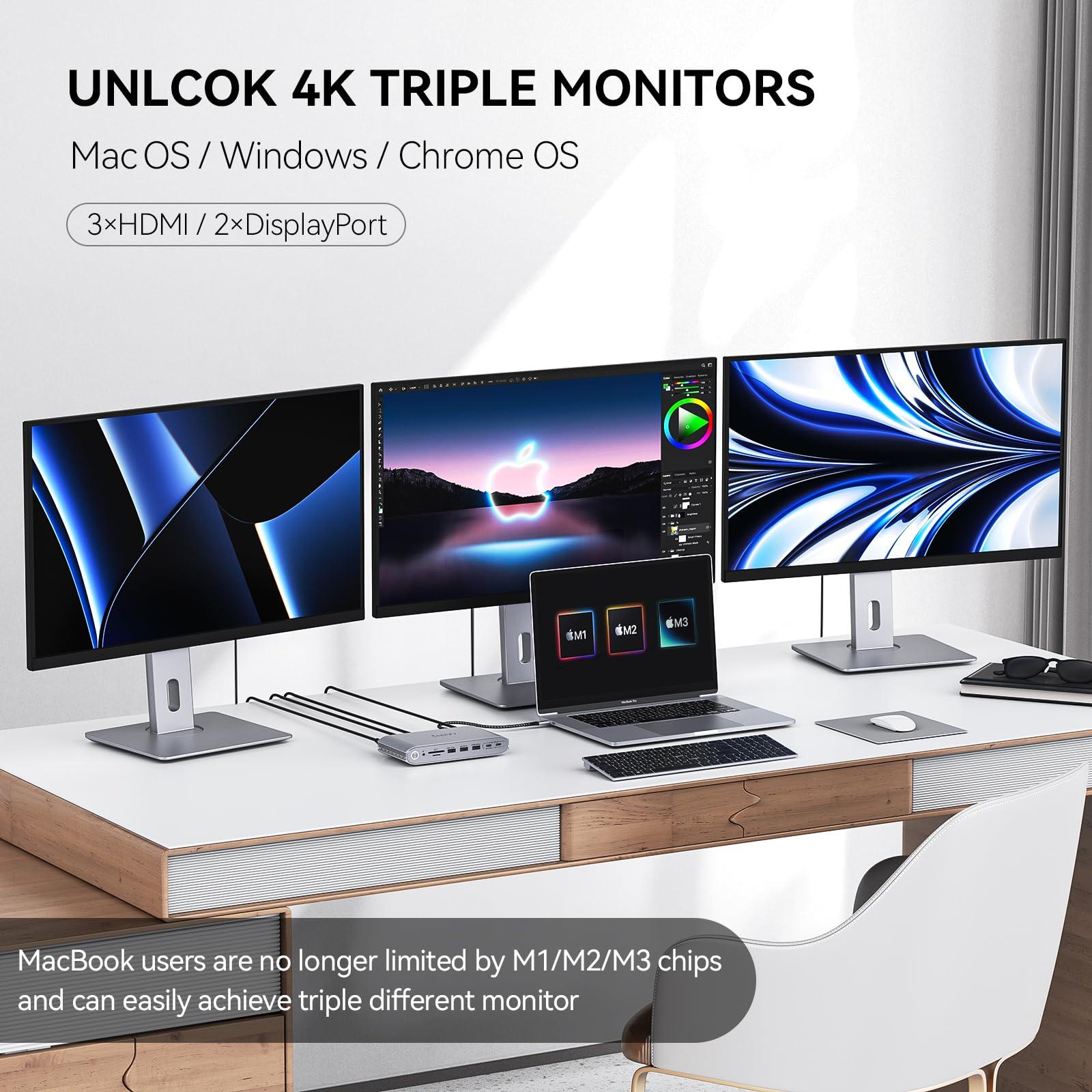 minisopuru Minisopuru Upgrade DisplayLink Docking Station Triple Monitor with 140W Power Adapter,45W Charging,Docking Station for MacBook M4/M3/M2/M1/Windows/Thunderbolt 5/4 (3XHDMI,2X DisplayPort,5X USB,TF/SD)