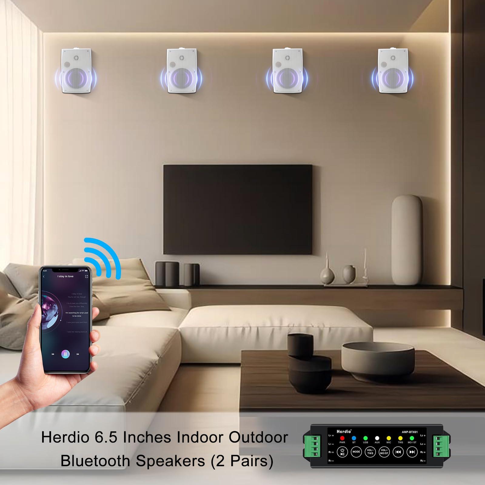 Herdio Herdio 6.5 Inch 800W Outdoor Bluetooth Speakers Wired Waterproof with Multifunctional Amplifier, Wall Mount Speakers for Patio Home Poolside Deck Backyard(4 Speakers,White)