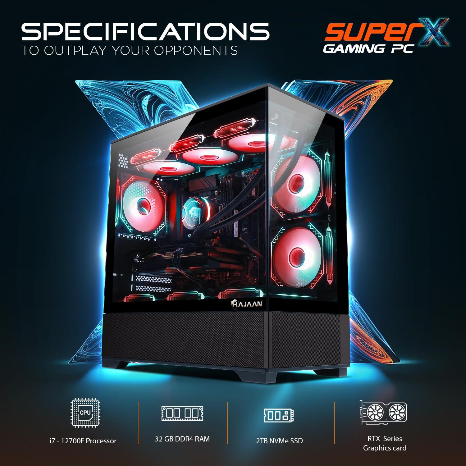 HAJAAN HAJAAN SuperX Gaming PC Liquid Cooled - Intel i7 12700F - GeForce RTX 3060 12GB - 32GB DDR4-2TB NVMe SSD - Windows 11 Pro - WiFi - Bluetooth - Mechanical Keyboard Mouse