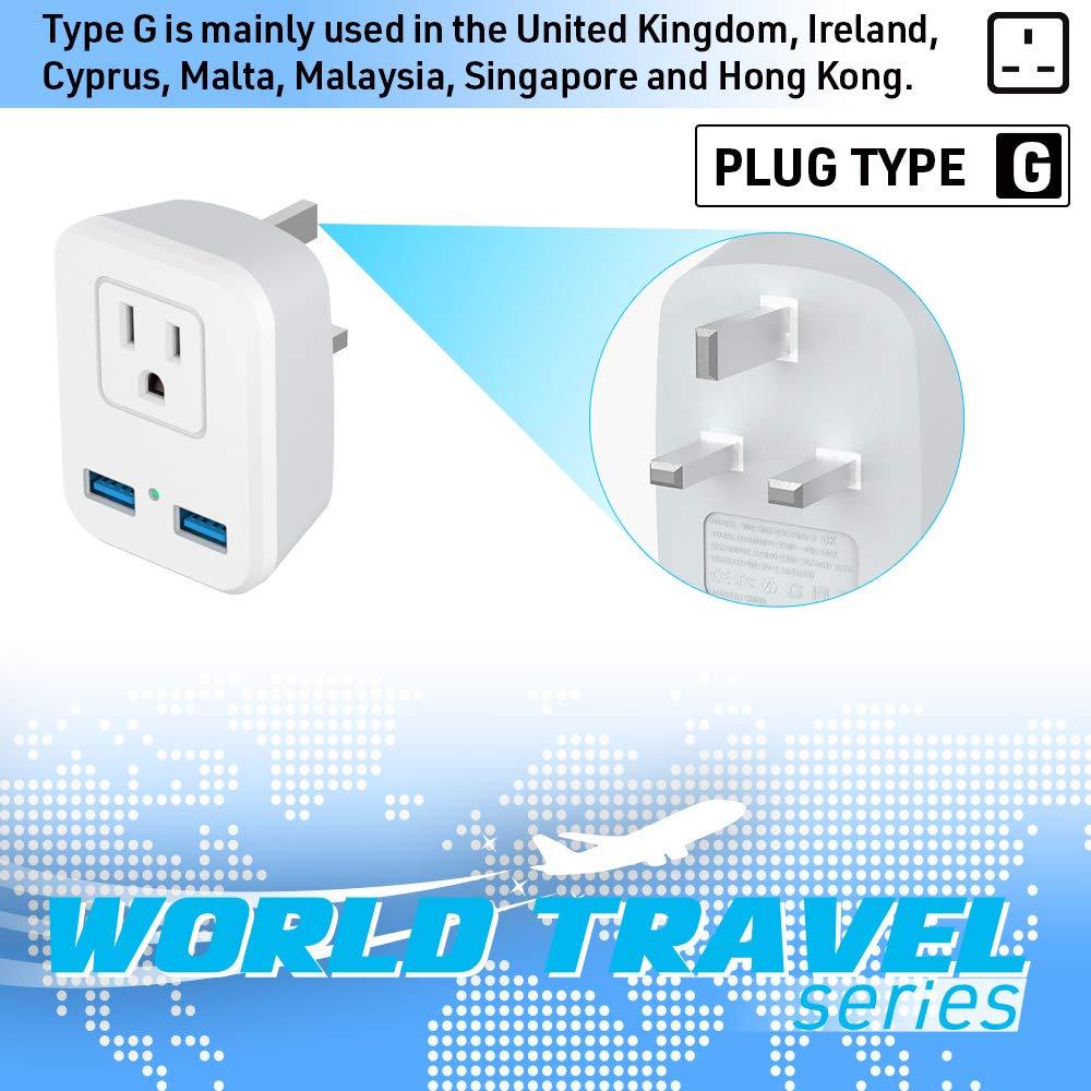 Key Power Type G UK Power Plug Adapter, Travel Adapter for US to British England, London, Ireland, Scotland, AC Outlets with 2 USB Charging Port for Smartphone, etc