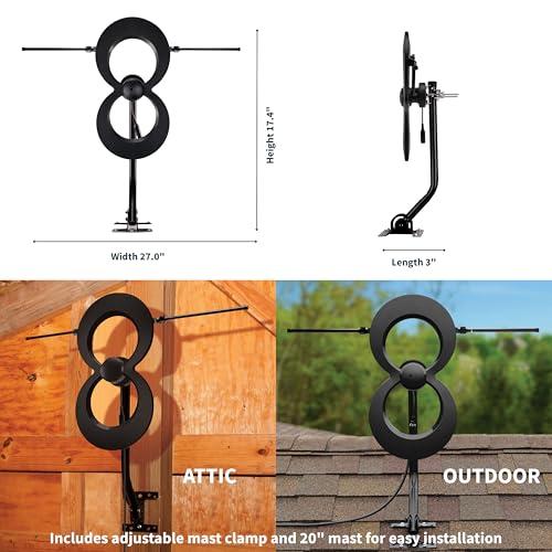 Antennas Direct Antennas Direct ClearStream MAX-XR UHF VHF Indoor Outdoor TV Antenna, Multi-Directional, 60-Mile Range, 4K 8K UHD NEXTGEN TV w/ 20-inch Mast (Black)