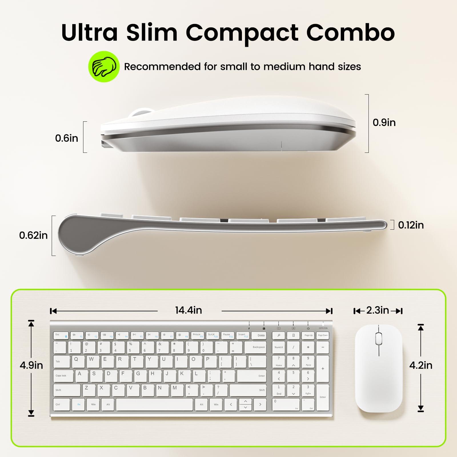 seenda seenda Rechargeable Wireless Keyboard Mouse, Ultra Thin Low Profile Wireless Keyboard and Mouse with Number Pad, Quiet Portable Combo Compatible for Windows XP/7/8/10/11/11 Pro, Silver White