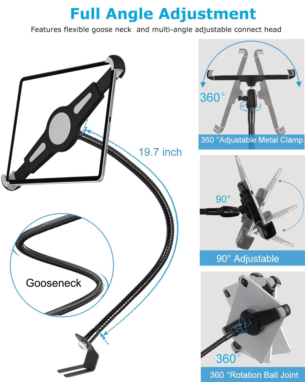 woleyi Car Seat Rail Tablet Mount for Truck, Aluminum Gooseneck Car Floor Bolt Tablet Holder Camera Clamp with 1/4'' Screw Adapter for Taxi, Van, Vehicle, Semi, SUV for iPad Pro/Air, Tabs, Gopro (9.5-14.5)