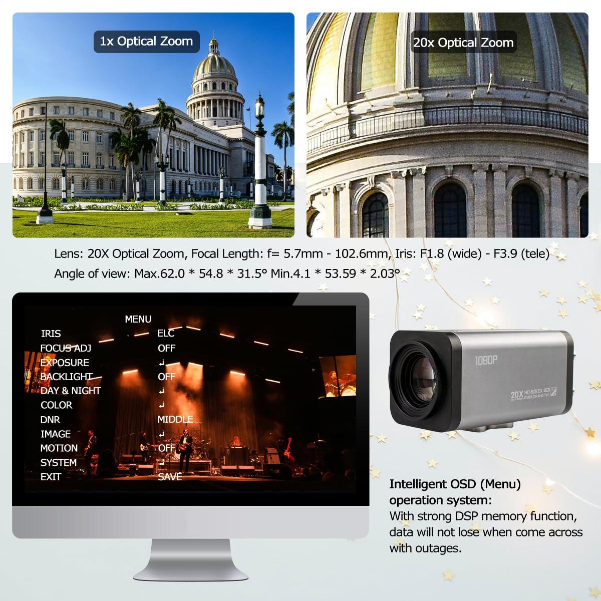 SDTNOVA 20X Optical Zoom Auto Focus HD SDI Camera 1080P 1/2.8 High Sensitivity CMOS Sensor with 4.7-94mm Lens by Button at The Back