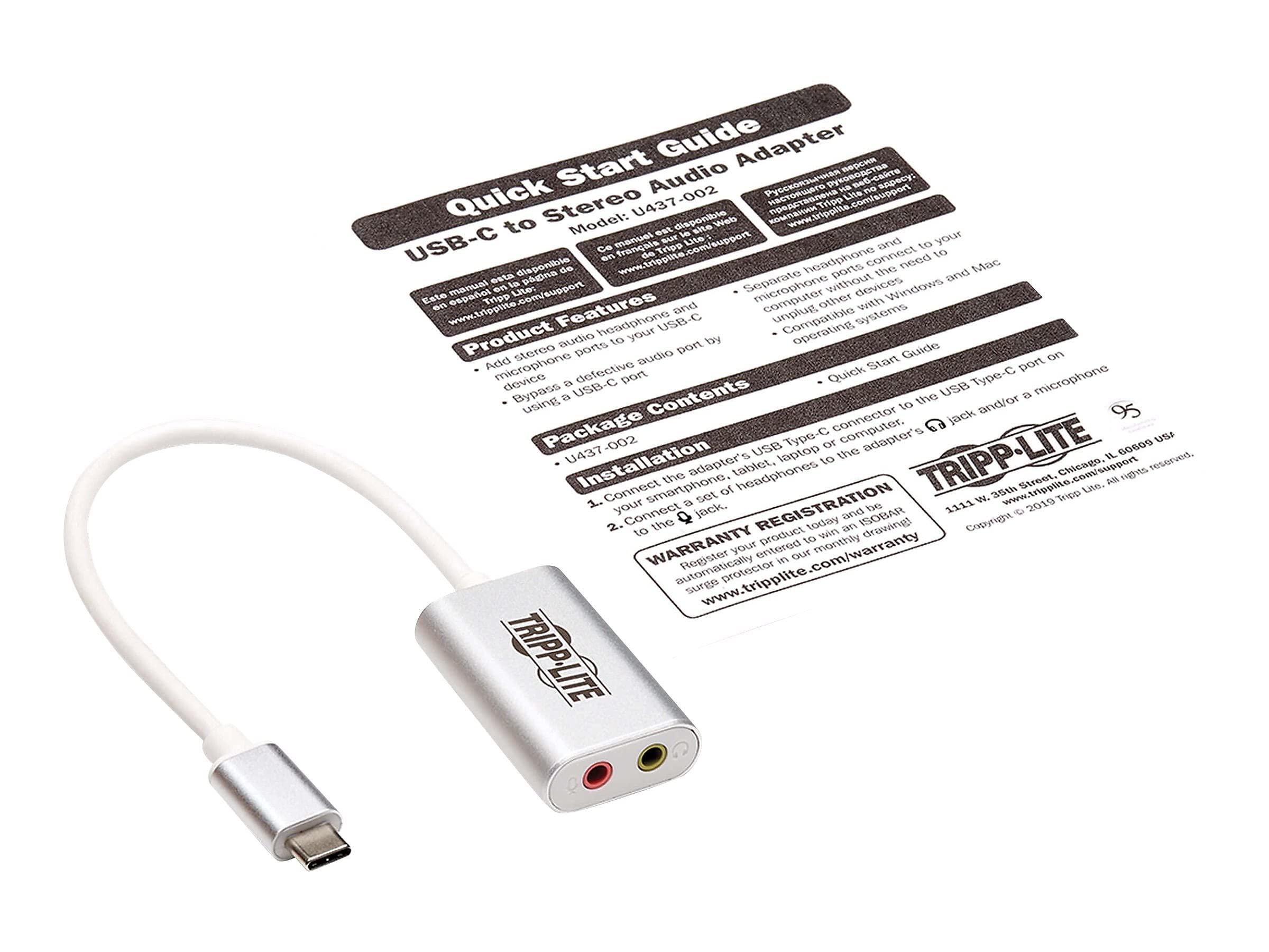 Eaton Tripp Lite USB C to 3.5mm Stero Audio Adapter for Microphone Headphones, Silver (U437-002)