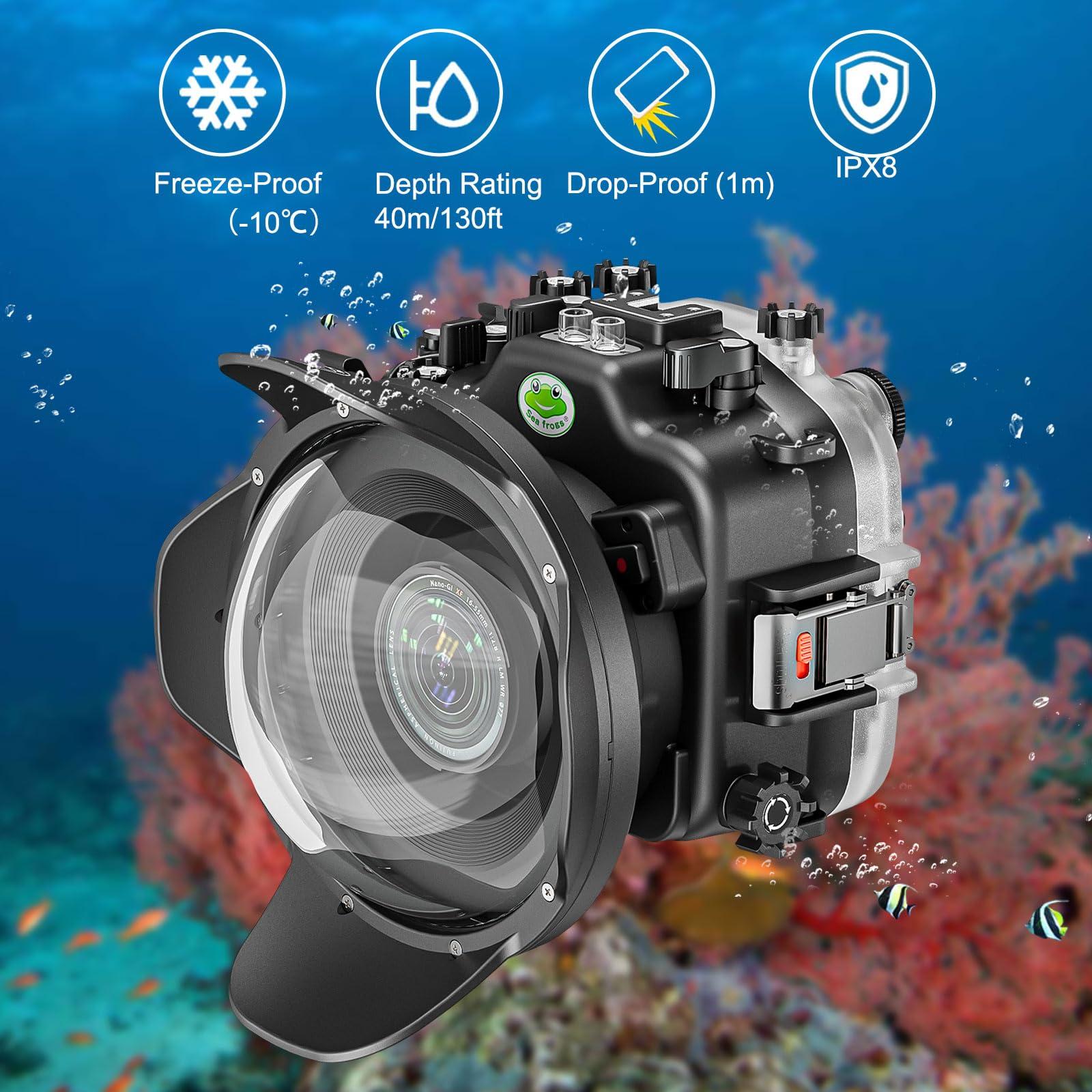 Sea frogs Sea frogs Underwater Camera Housing Compatible with Fujifilm X-T5 for XC 16-50MM 1:3.5-5.6 with Wide Angle Lens IPX8 40m/130ft Maximum Diving Depth Waterproof Camera Case for Diving, Surfing, Rowing